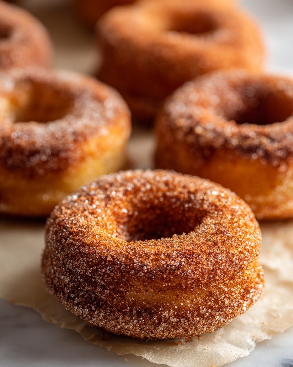 The image shows five cinnamon sugar-coated donuts arranged on a piece of parchment paper over a white marbled surface. Each donut has one layer, with a golden-brown cake texture visible underneath a thick, granulated cinnamon sugar coating that gives a rough, crunchy appearance. The donuts are close to each other, and the focus is on the front donut, making the background donuts softly blurred. The color palette consists mainly of warm browns and tans with sparkling sugar grains on the surface, creating an inviting look. photo taken with an iphone --ar 4:5 --v 7