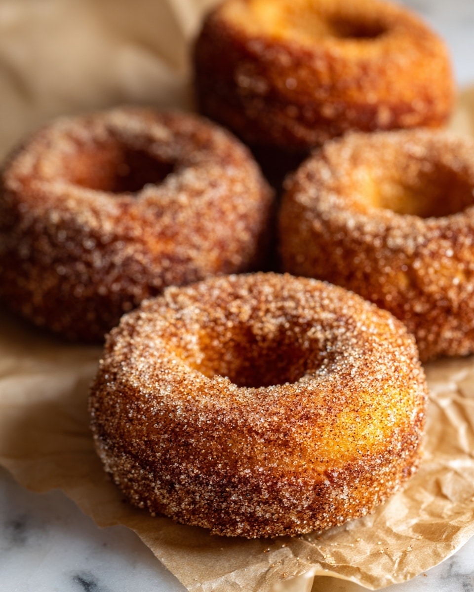 A close-up view of four cinnamon sugar-coated donuts resting on crumpled parchment paper over a white marbled surface, each donut showing a golden-brown color with a sparkling layer of granulated sugar and cinnamon, highlighting their rough texture and a soft, slightly raised dough underneath, with the donuts arranged casually in a loose cluster and the focus sharpest on the front donut. photo taken with an iphone --ar 4:5 --v 7