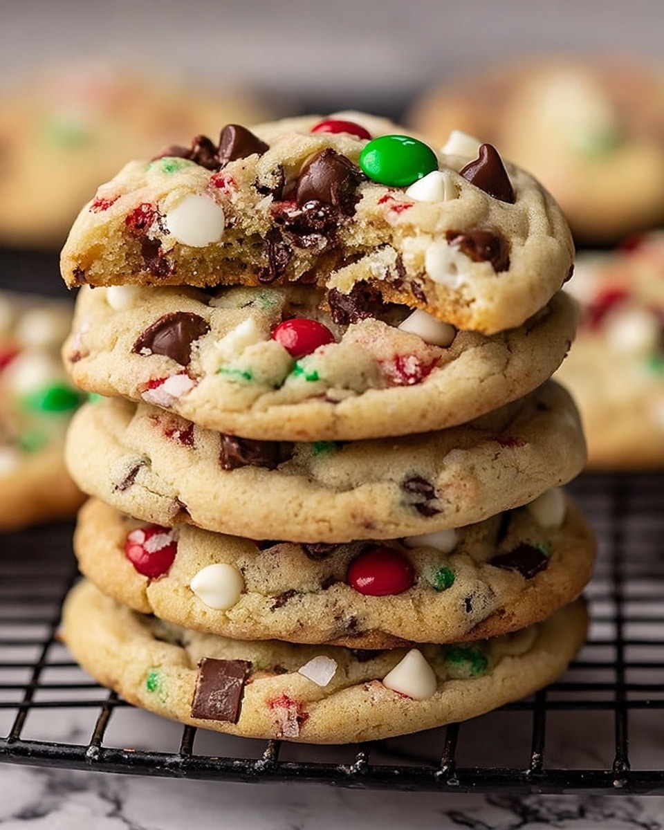 A stack of five thick cookies is shown, each cookie light golden-brown with a soft, slightly crumbly texture. The cookies are filled with an array of colorful toppings: dark brown chocolate chips, white chocolate chunks, and small round red and green candy bits scattered throughout. The top cookie has a bite taken from its right side, revealing a dense, moist interior with visible chocolate and candy pieces embedded inside. The stack is placed on a black wire rack with a blurred white marbled texture in the background. Photo taken with an iphone --ar 4:5 --v 7