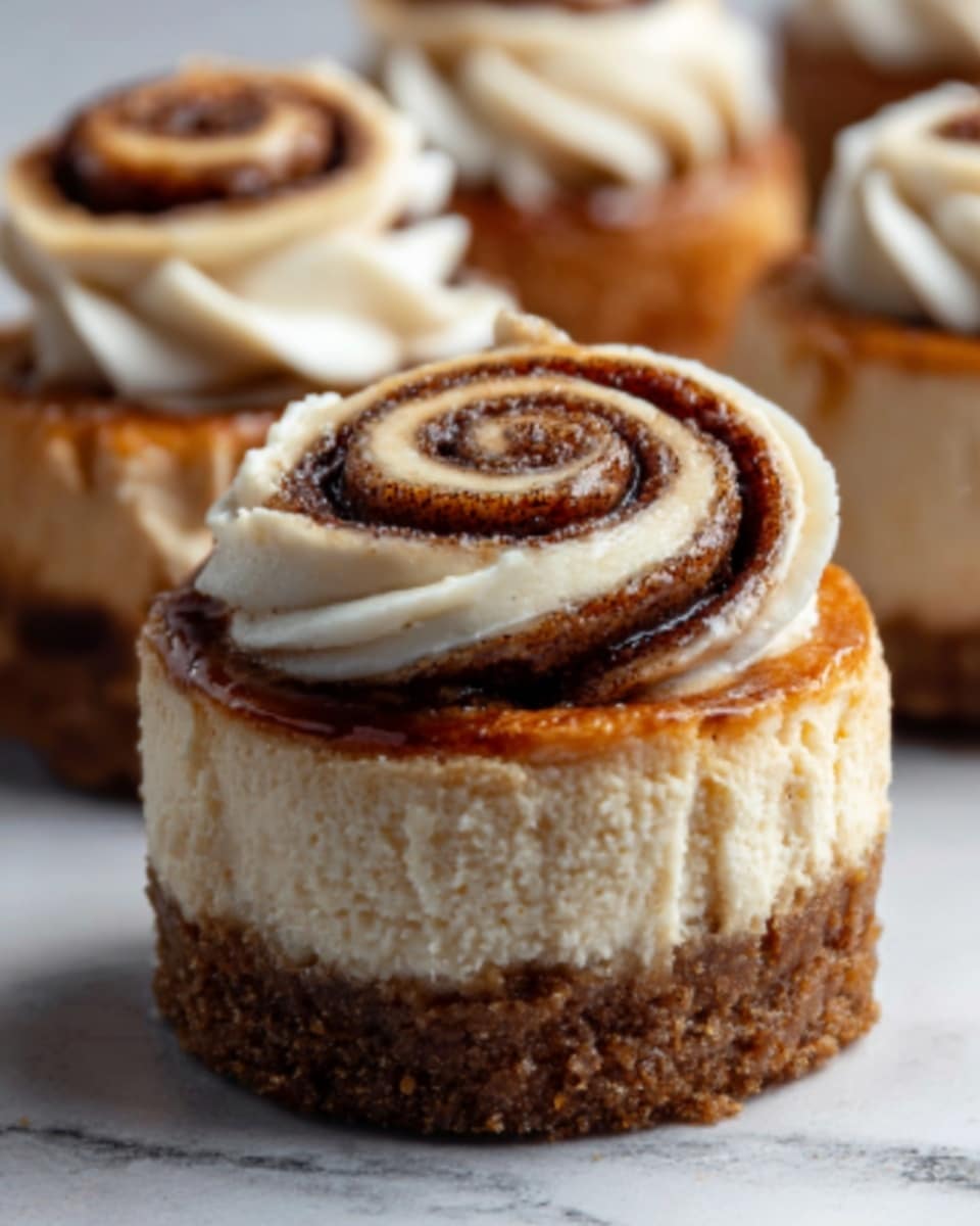 A close-up shot of a small cheesecake topped with a cinnamon roll swirl, placed on a white marbled surface. The dessert has two clear layers: a brown crumbly base with a slightly uneven texture, and a creamy beige cheesecake layer above it with a smooth look. On top, a thick spiral of cinnamon roll with dark cinnamon layers shines with a light glaze, and a swirl of white cream frosting wraps around the cinnamon roll’s edge. In the background, there are slightly out-of-focus similar cheesecakes. The lighting highlights the textures and gives the cheesecake a warm, fresh look. Photo taken with an iphone --ar 4:5 --v 7