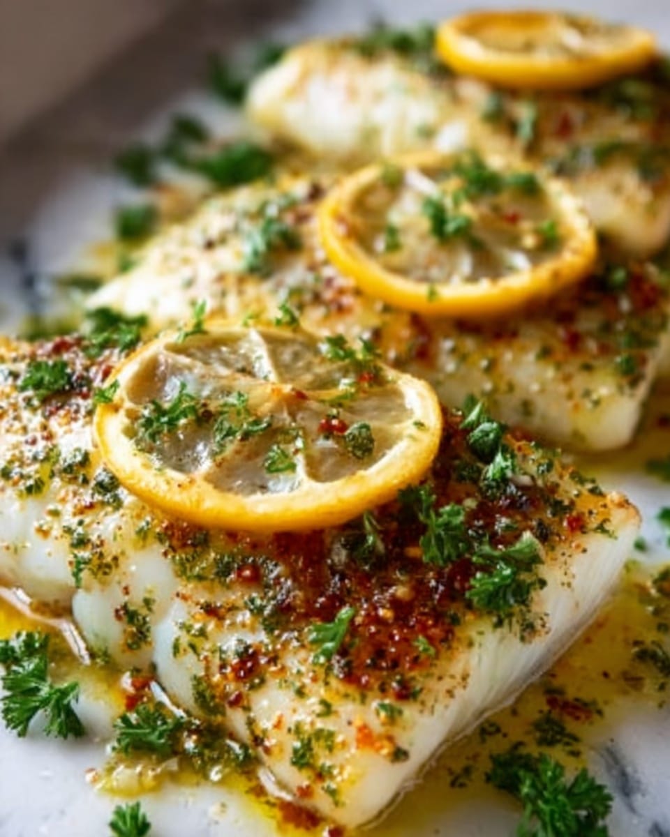 The image shows three pieces of cooked fish fillets placed closely on a white marbled surface. Each fillet is topped with a thin lemon slice that is slightly browned and glistening with oil. The fish has a light golden crust with visible herbs like parsley and seasoning scattered on top, giving it a textured look. Small green herb pieces are also spread around the fish, adding color contrast. The fillets are shiny, suggesting a moist and tender texture, with some light brown spots where the seasoning has cooked. photo taken with an iphone --ar 4:5 --v 7