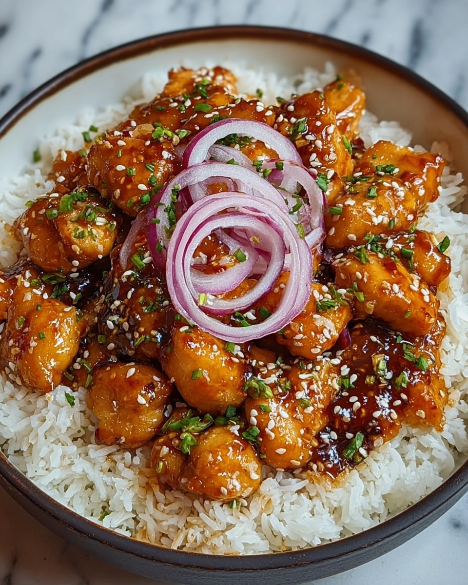 A round white bowl filled with a base layer of fluffy white rice, topped with a layer of golden-brown chicken pieces coated in a shiny, dark orange sauce with a slightly sticky texture. The chicken is sprinkled with white sesame seeds and finely chopped green herbs. On top of the chicken, there are thin rings of light purple red onion placed in the center for garnish. The bowl is set on a white marbled surface. photo taken with an iphone --ar 4:5 --v 7