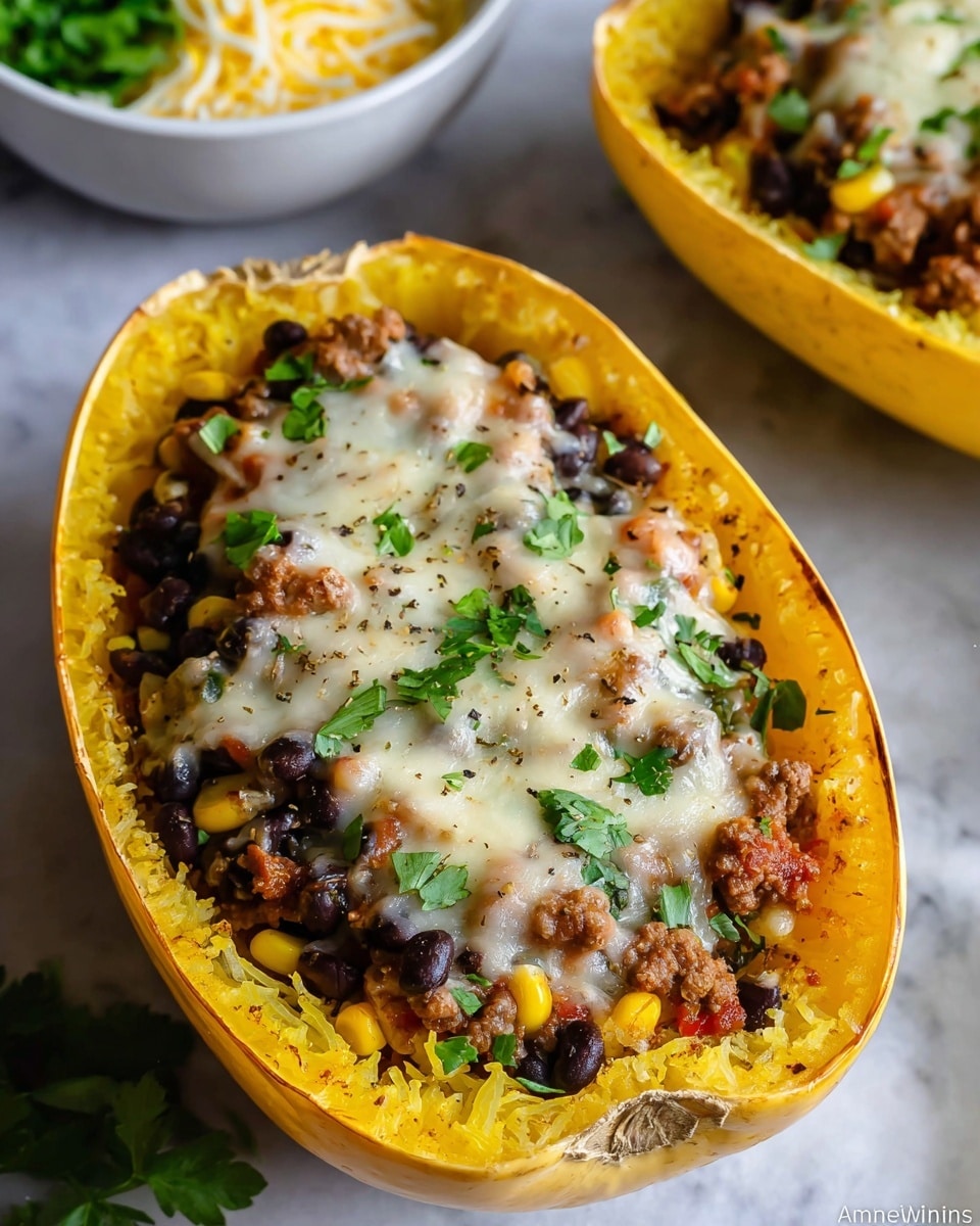 A close-up of a halved spaghetti squash with three main layers visible: the bright yellow base of cooked spaghetti squash strands, a middle layer of mixed black beans, corn kernels, cooked ground meat, and bits of onion, and a top layer of melted white cheese sprinkled with green parsley leaves and black pepper. The squash shell is yellow with a lightly browned edge. In the background, a white bowl with shredded cheese and some fresh parsley is partially visible, all placed on a white marbled surface. Photo taken with an iphone --ar 4:5 --v 7