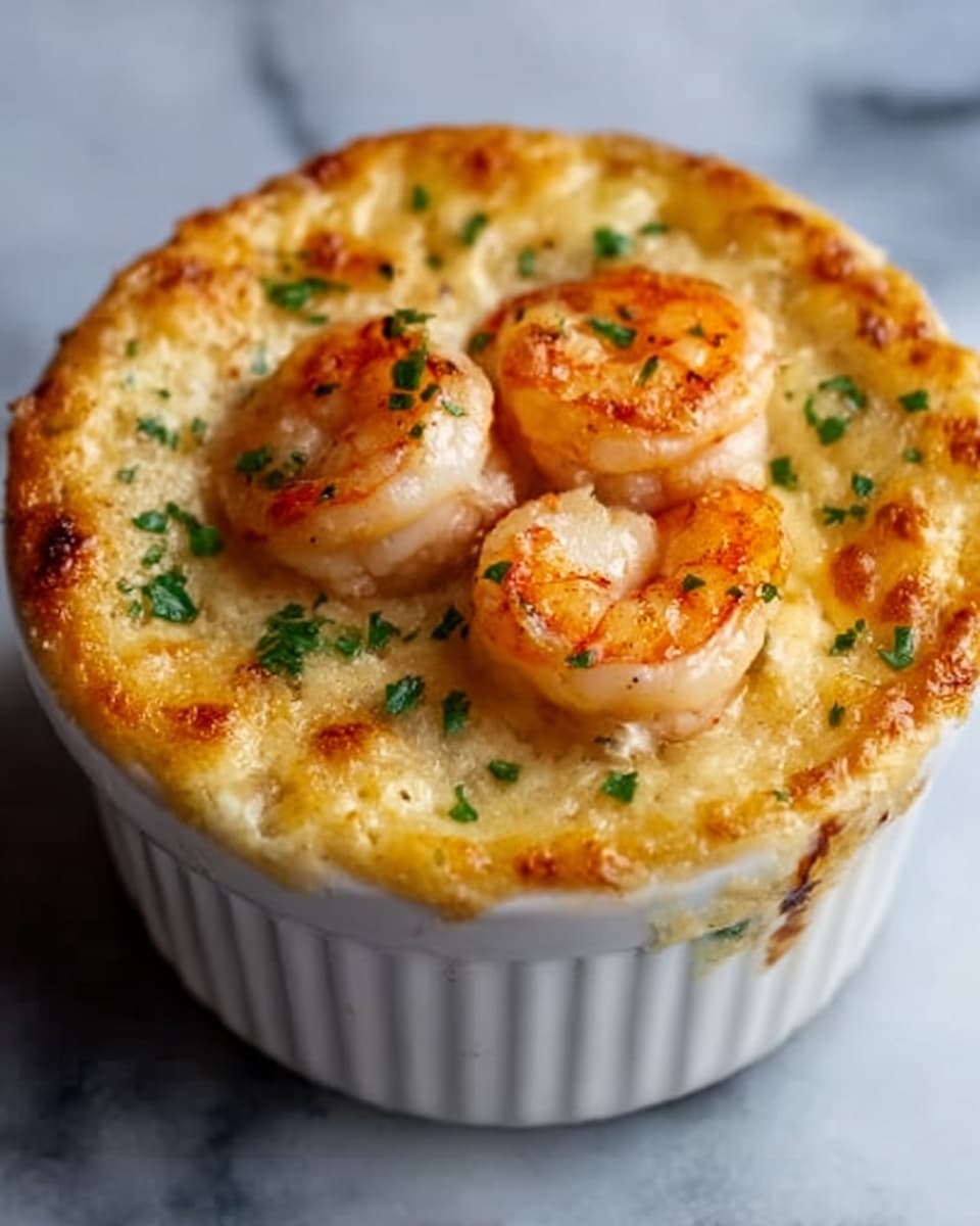 A white ceramic ramekin filled with a golden brown baked dish topped with three pink shrimp that have a slight char on the edges. The dish has a fluffy, lightly browned crust with small bits of green herbs sprinkled on top. The texture on the surface looks soft and creamy beneath the crisp top, with hints of melted cheese and sauce peeking through. The ramekin sits on a white marbled surface with a soft focus on the background. photo taken with an iphone --ar 4:5 --v 7