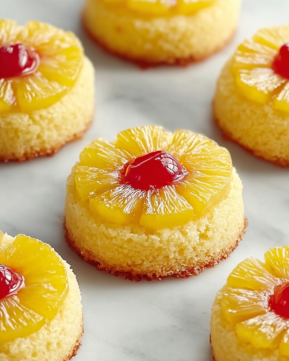 The image shows several small round cakes arranged neatly on a white marbled surface. Each cake has two layers: the bottom layer is a golden yellow, soft-looking sponge base with a slightly crumbly texture. On top of this base, there is a thin, shiny ring of yellow pineapple slice that forms a flower-like shape, with visible segments radiating outwards. At the very center of each pineapple ring sits a bright red, glossy cherry, adding a pop of color and a smooth, jelly-like appearance. The cakes are evenly spaced, giving a clean and inviting look. photo taken with an iphone --ar 4:5 --v 7