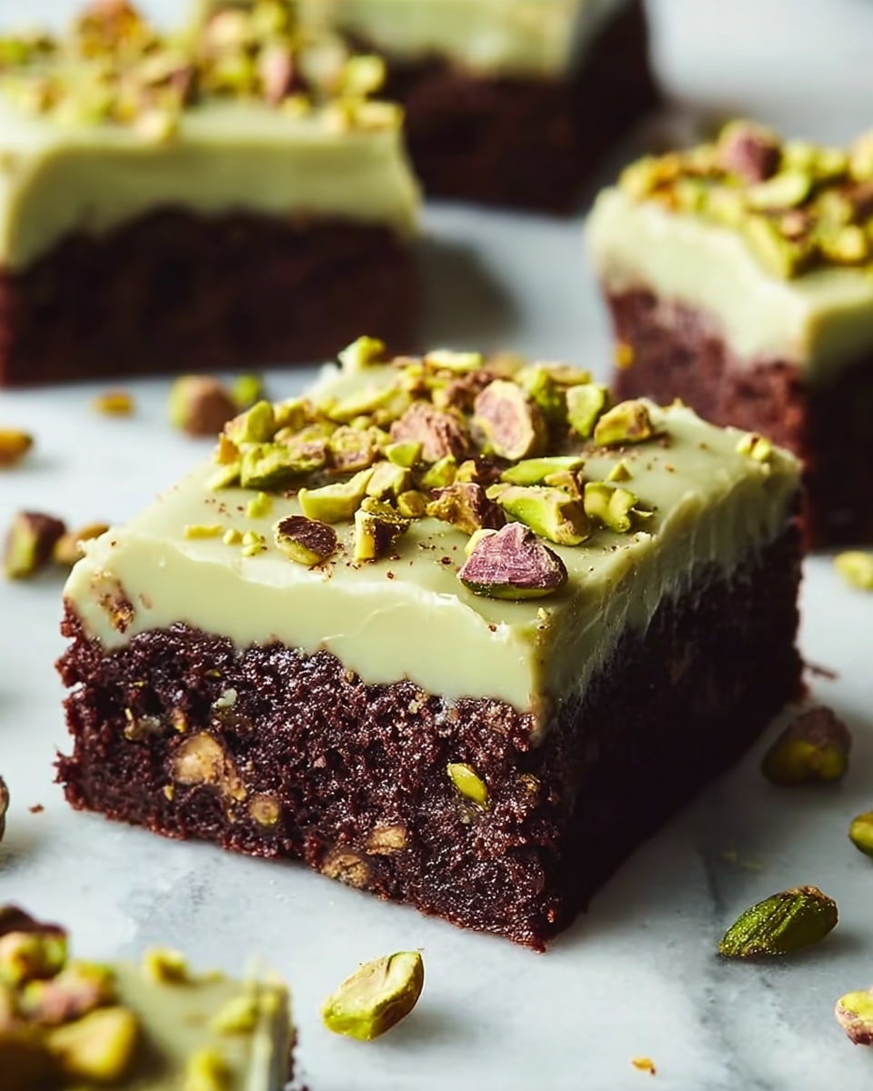 A close-up view of a chocolate brownie square with two visible layers; the bottom layer is dark brown and dense with a slightly crumbly texture showing small bits of pistachio inside, and the top layer is a smooth, light green pistachio frosting spread evenly. Scattered on top are crushed pistachio nuts in green and brown shades, some whole and some in pieces, adding a rough texture contrast. More brownies are visible blurred in the background on a white marbled surface, with some loose pistachio pieces scattered around. Photo taken with an iphone --ar 4:5 --v 7