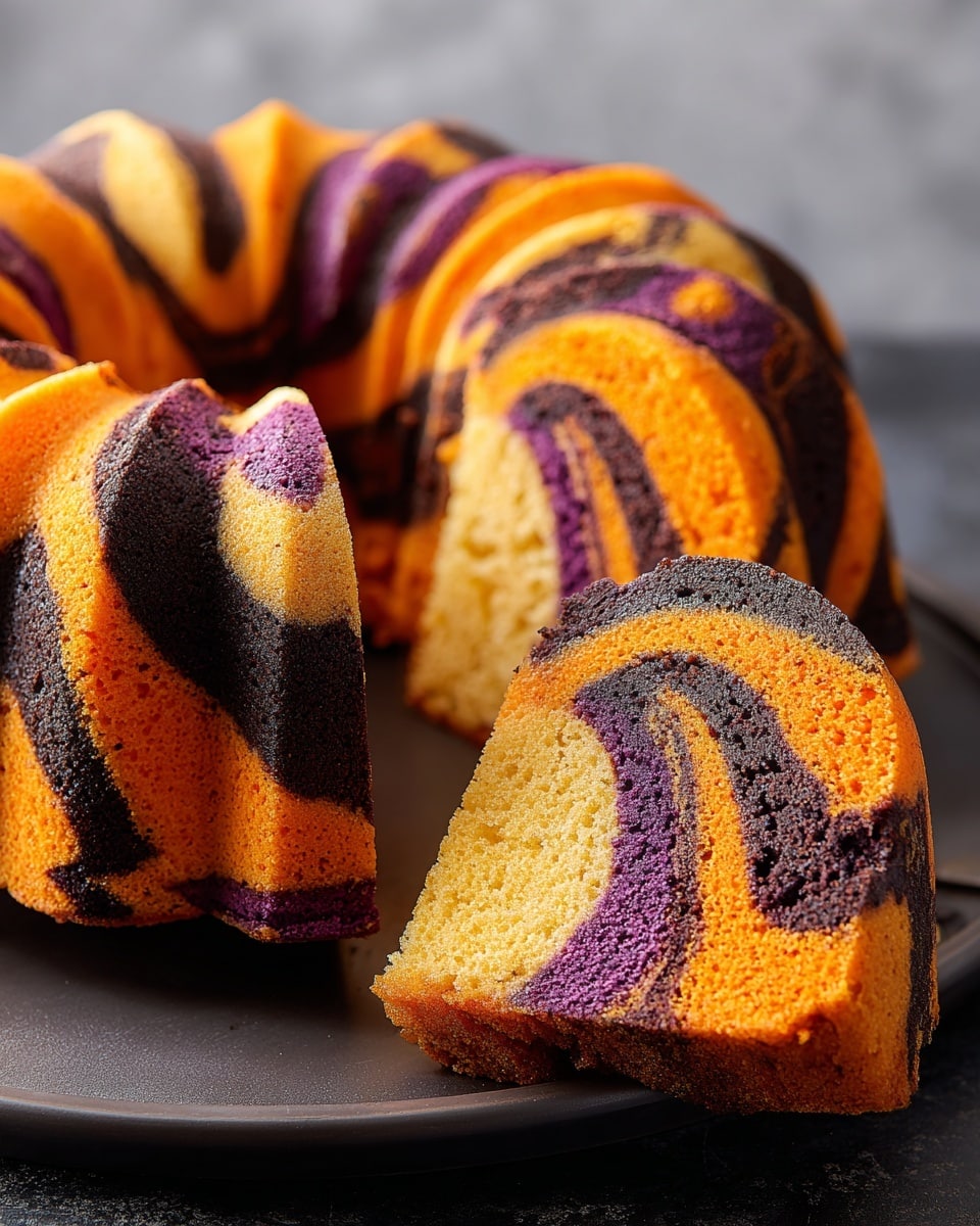A Bundt cake with three visible layers swirled together: bright orange, deep black, and vibrant purple. The cake is sliced, showing a soft and moist texture inside with the colorful layers mixing in a spiral pattern. The outside has a slightly crispy crust where the orange, black, and purple swirl in smooth curves. The cake sits on a round white plate on a white marbled surface, with crumbs around the plate. The background is softly blurred. photo taken with an iphone --ar 4:5 --v 7