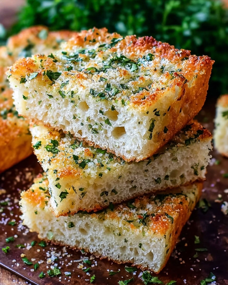 A close-up view of three square slices of focaccia bread stacked unevenly on a dark metal baking tray. Each slice has a pale, airy interior with many small holes and a golden brown top crust sprinkled evenly with green herbs and white coarse salt. The texture of the crust looks crunchy, and the herbs add a fresh touch. The background is blurred with dark green leaves, and the tray edges are slightly worn. The image has bright, natural lighting with a simple, clean look, photo taken with an iphone --ar 4:5 --v 7