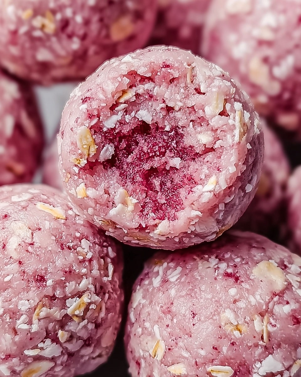 This image shows several round pink dessert balls covered partly with light beige oat flakes. The outer layer is pink and crumbly with small bits of oats sticking on it. One ball is in the center, slightly lifted, showing a deeper red, rough textured inner filling. The oats and pink shell create a mix of smooth and crumbly textures. The balls are set on a white marbled texture surface in soft natural light. photo taken with an iphone --ar 4:5 --v 7