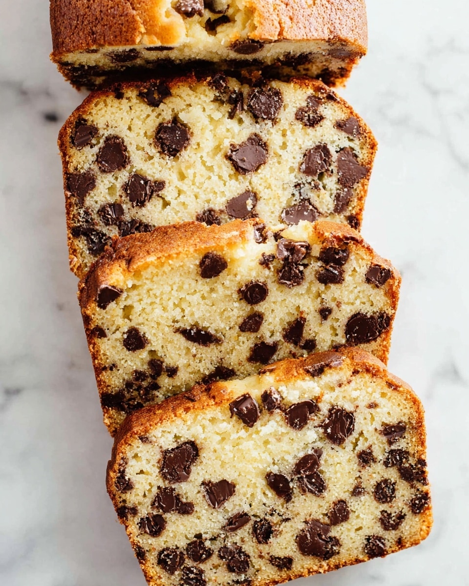 The image shows four slices of chocolate chip cake placed side by side on a white marbled surface. Each slice has a golden brown crust with a soft, light beige interior, filled generously with dark brown chocolate chips scattered evenly throughout. The texture of the cake looks moist and fluffy with a slightly crumbly edge. The top of the slices is smooth and a little glossy, showing the melted chocolate chips embedded in the cake. Photo taken with an iphone --ar 4:5 --v 7