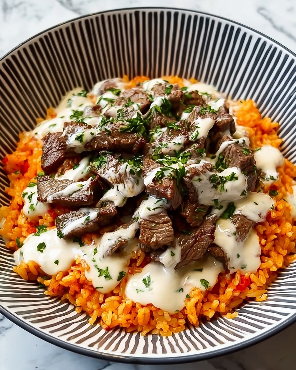 A bowl with three layers sits on a white marbled surface. The bottom layer is orange-yellow rice with a soft texture, covering the base of the white bowl with black lines. Above the rice is a bright red sauce spread unevenly. On top of this sauce are small chunks of cooked beef, dark brown with pink inside, scattered across the bowl. The beef is drizzled with a creamy white sauce with visible black pepper bits, garnished with small pieces of fresh green herbs. The photo is taken with an iphone --ar 4:5 --v 7