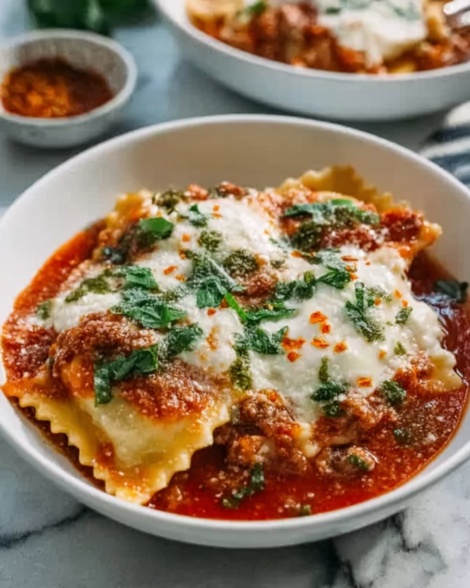 The dish shows a white bowl filled with layers of rich ravioli pasta covered with a thick red tomato sauce and topped with melted white cheese. There are small green herb pieces sprinkled on top of the cheese along with tiny orange bits, adding texture and color. The edges of the ravioli are visible under the sauce, softly showing their soft and slightly wrinkled pasta texture. The bowl sits on a white marbled surface with a blurred background of another similar dish. Photo taken with an iphone --ar 4:5 --v 7