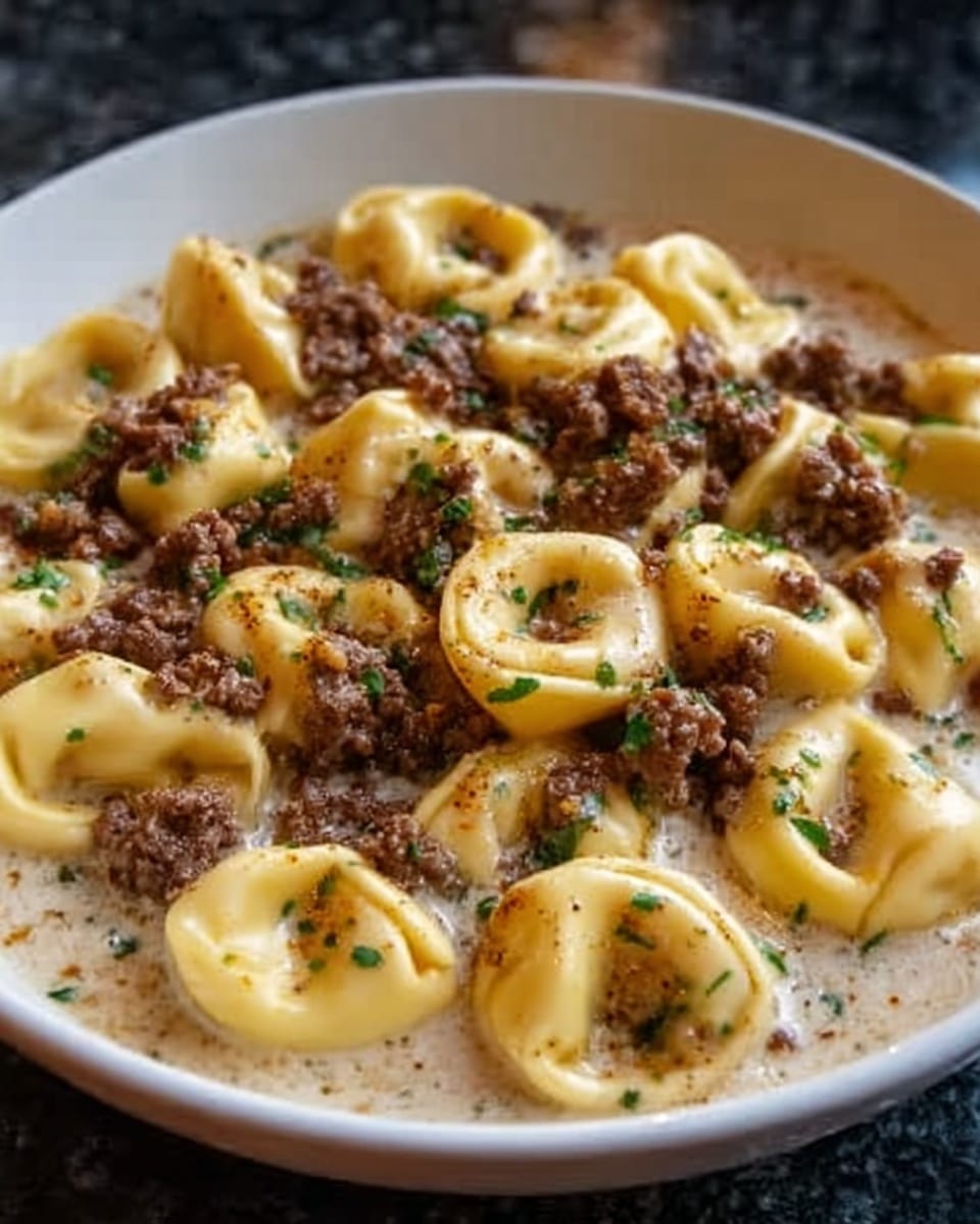 A close-up view of a bowl filled with creamy tortellini pasta, showing about two layers of stuffed pasta rings coated in a smooth, creamy white sauce. The tortellini are golden yellow with some brown, browned bits of ground meat sprinkled evenly on top, adding texture and a rich color contrast. Small green herb pieces are scattered across the dish, giving a fresh look. The bowl is white, placed on a white marbled surface. photo taken with an iphone --ar 4:5 --v 7