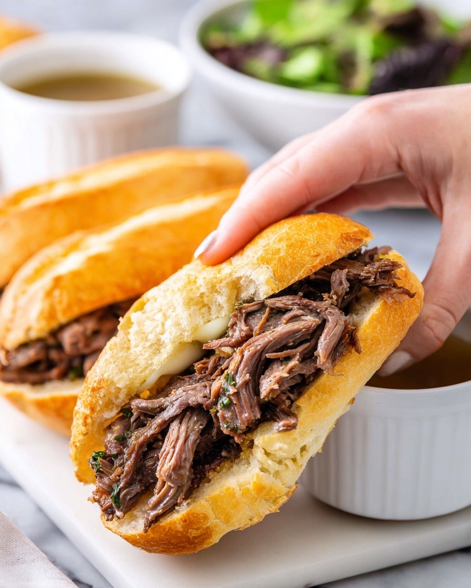 A close-up of a woman's hand holding a sandwich filled with two layers of shredded, brown roast beef in a soft, golden-brown toasted bun. The sandwich is being dipped into a small white bowl filled with a light brown broth. Another similar sandwich rests beside the bowl on a white plate. In the background, there is a white bowl with mixed green salad on a white marbled surface. Photo taken with an iphone --ar 4:5 --v 7