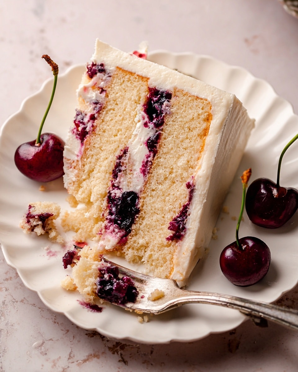 A slice of three-layer light yellow cake is shown on a white scalloped plate, each cake layer separated by deep purple and pink cherry filling with a slightly glossy texture. The outside of the cake is coated with smooth off-white frosting, and two dark red cherries with stems sit at the back edge of the slice. A silver fork with some crumbs and cherry filling rests near the front of the plate, all set against a white marbled surface. Photo taken with an iphone --ar 4:5 --v 7