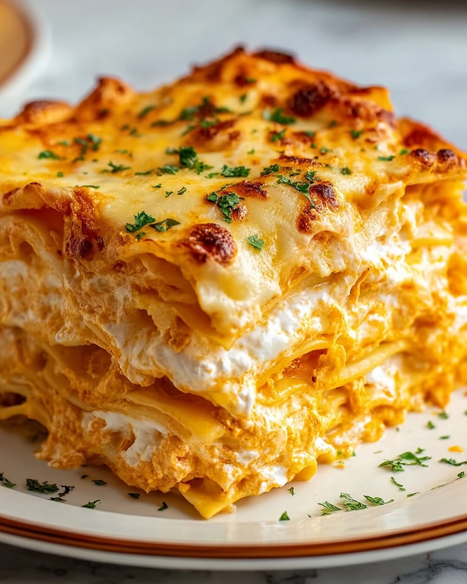 A close-up view of a layered lasagna slice on a white plate, showing about four thick layers of soft, orange pasta sheets alternating with rich, creamy white cheese filling. The top layer is covered with melted golden-orange cheese that has a slightly browned, bubbly texture and is sprinkled with small green herb bits. Some cheese filling squeezes out between the pasta layers, emphasizing the rich creaminess. The plate sits on a white marbled texture surface. photo taken with an iphone --ar 4:5 --v 7