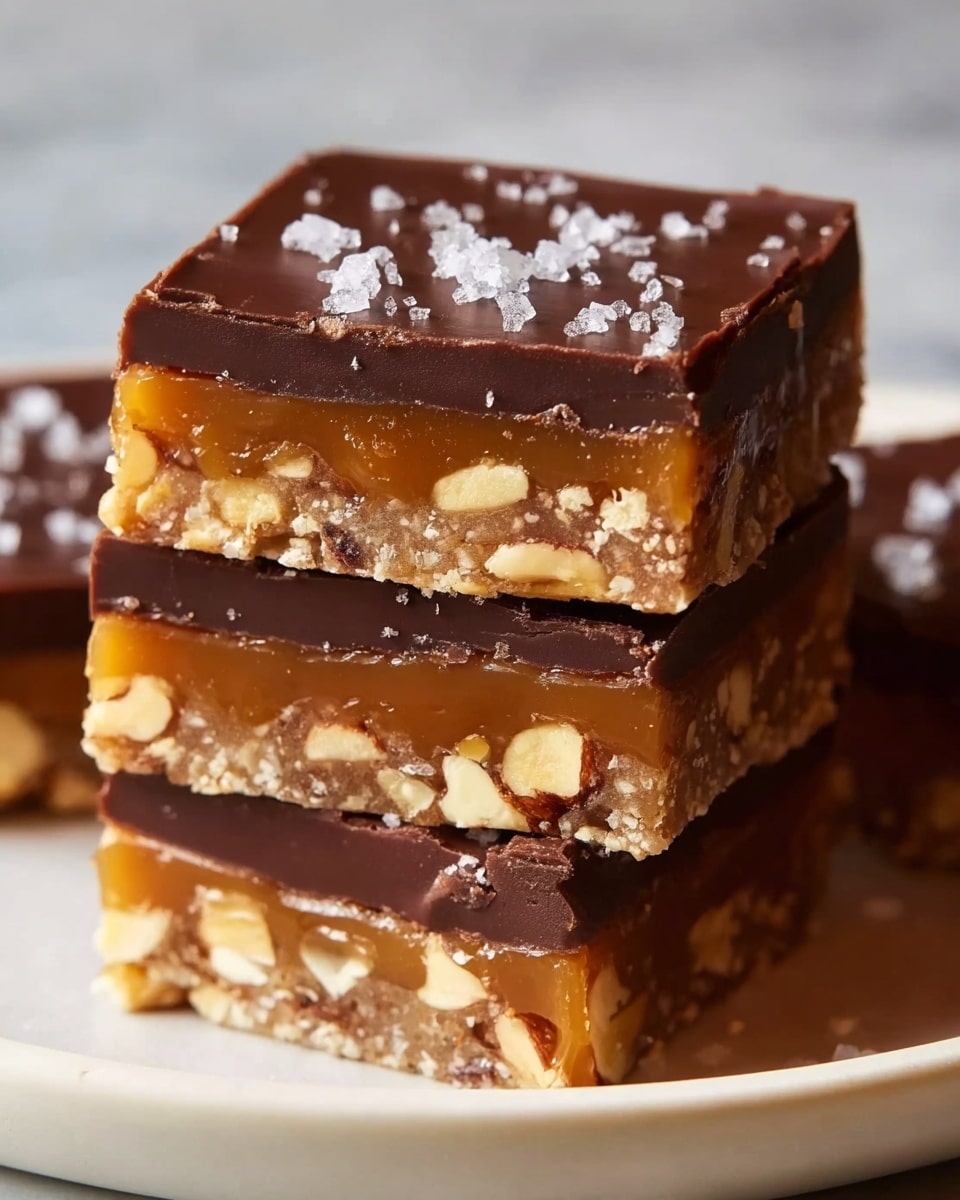 The image shows a close-up of square dessert bars with three clear layers. The bottom layer is a crunchy base with visible light brown nuts and seeds tightly packed. The middle layer is a glossy, smooth caramel in a rich amber color that looks sticky and thick. The top layer is a shiny, dark chocolate sheet with a smooth texture, sprinkled generously with large, coarse sea salt crystals. The bars are placed on a white plate with a white marbled surface background. photo taken with an iphone --ar 4:5 --v 7