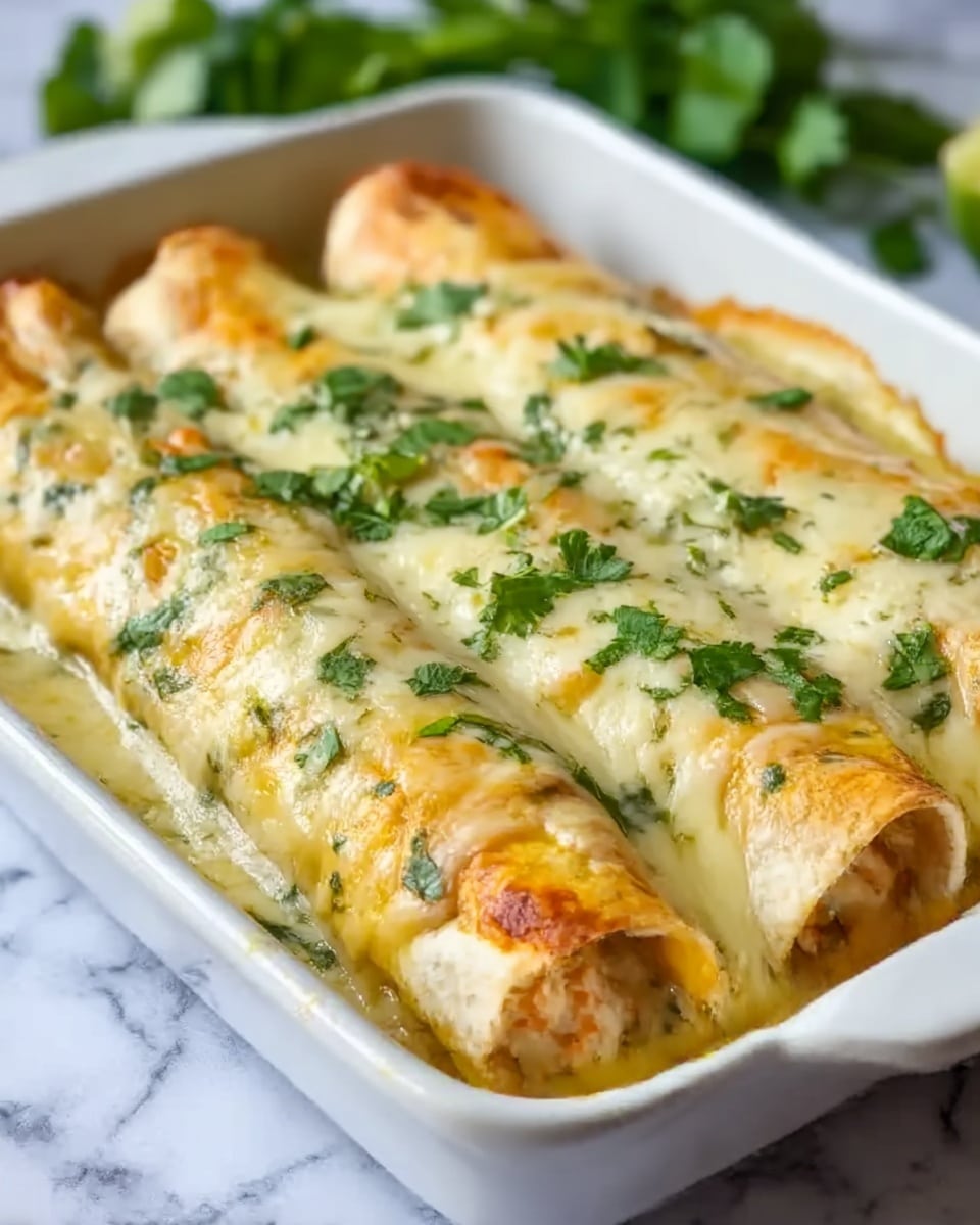 The image shows a white square plate with three rolled enchiladas filled with a light brown mixture. Each enchilada is covered in melted creamy white cheese that drips slightly over the edges. Small bits of green herbs are sprinkled on top as garnish. The edges of the enchiladas have a slightly golden baked texture. The plate rests on a white marbled surface. Photo taken with an iphone --ar 4:5 --v 7
