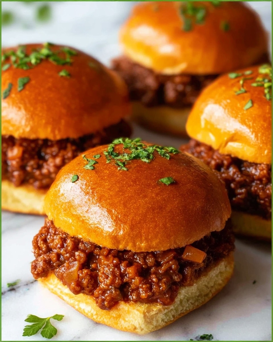 The image shows close-up views of three sloppy joe sandwiches, each with two layers: a soft, shiny golden-brown bun on top and bottom, and a thick, rich layer of reddish-brown ground meat mixture with small bits of onion and spices in the middle. The tops of the buns are sprinkled with small green herb pieces, adding color contrast. The sandwiches rest on a surface with a white marbled texture, slightly blurred in the background, making the sandwiches the main focus. photo taken with an iphone --ar 4:5 --v 7