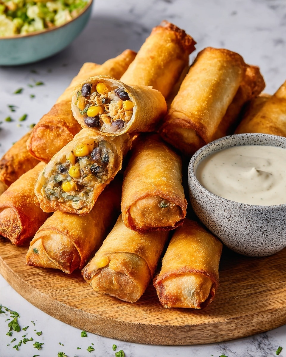 The image shows a wooden round board filled with golden brown, crispy fried egg rolls stacked closely together. In the center, one egg roll is cut in half, revealing three colorful layers inside: bright yellow corn kernels, black beans, and finely chopped green herbs mixed with a light filling likely made of cheese or chicken. Beside the egg rolls, a small white bowl with a speckled gray outside edge holds creamy white dipping sauce with a smooth texture and a small peak in the middle. The wooden board is set on a white marbled surface with some small green herb leaves scattered around. In the background, part of a white bowl with shredded lettuce is visible. Photo taken with an iphone --ar 4:5 --v 7