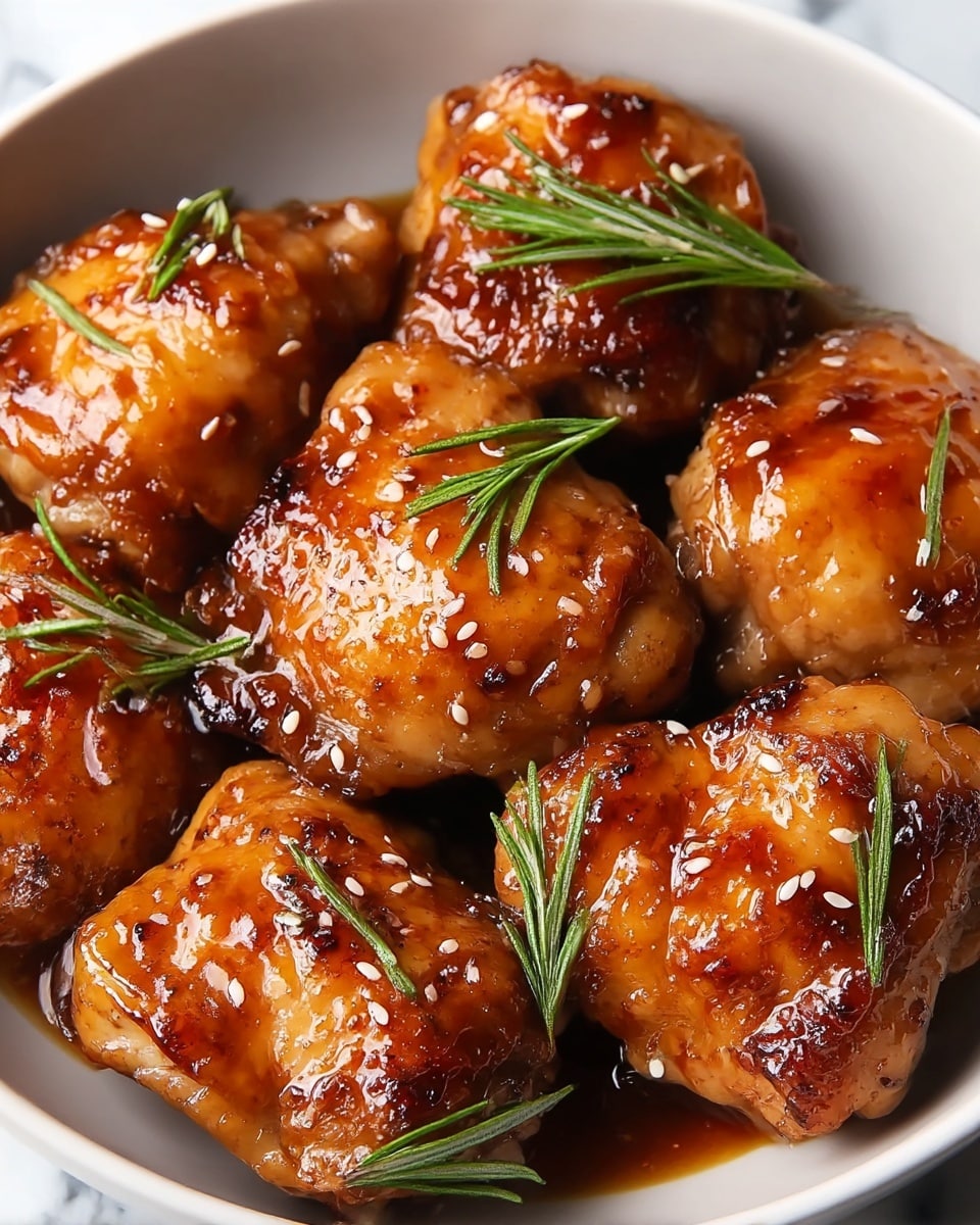 A close-up view of six glazed chicken thighs arranged tightly in a black pan, each piece glistening with a shiny, caramelized brown sauce. The chicken skin shows a mix of darker charred spots and lighter golden-brown areas, giving a crispy look. White sesame seeds are sprinkled evenly on top, adding small white dots to the surface, with fresh green rosemary leaves scattered throughout, providing a touch of bright green contrast. The pan rests on a white marbled surface, enhancing the warm colors of the chicken. photo taken with an iphone --ar 4:5 --v 7