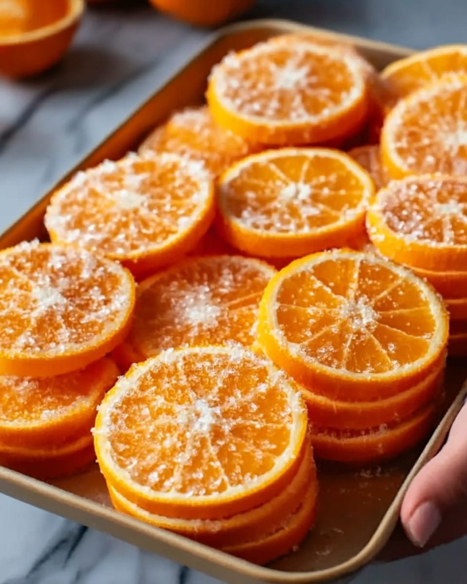 The image shows multiple orange slices stacked in pairs on a shiny silver tray. Each orange slice is bright orange with a bumpy, juicy texture and white pith around the edges. The top of each stack is decorated with thin white lines and small white sprinkles, looking like delicate patterns. The orange stacks are arranged close together, and a woman's hand is gently holding the edge of the tray. The background is a white marbled surface. photo taken with an iphone --ar 4:5 --v 7