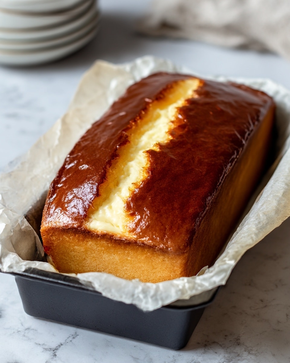 A close-up view of a thick, creamy cheesecake with one visible layer. The top layer is a rich, dark golden brown with a shiny, slightly cracked surface running down the middle. The interior layer is smooth and pale yellow, showing a dense, moist texture. The cheesecake sits inside a white parchment paper-lined rectangular black metal pan placed on a white marbled surface. In the background, there are a few stacked white bowls with a soft, blurred appearance. Photo taken with an iphone --ar 4:5 --v 7