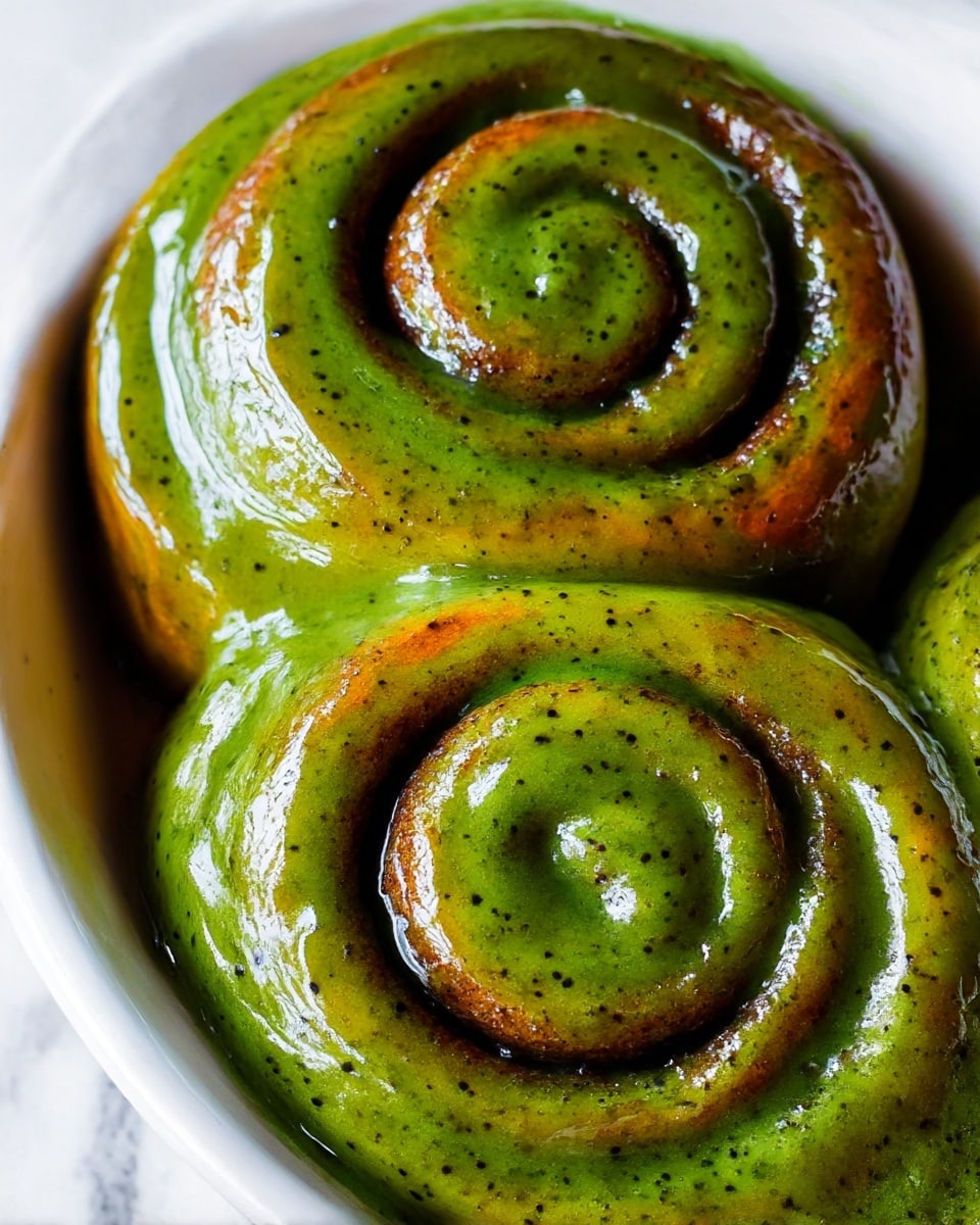 The image shows close-up of three thick swirled rolls in a white baking dish, covered with a shiny green glaze that looks smooth and slightly speckled with black dots. Each roll has two visible layers: an outer green layer with a glossy texture and an inner darker brown spiral, giving a contrast of colors and a soft bread-like look. The green glaze appears thick and evenly spread over the rolls, creating a smooth surface with a few bubbles and small holes. The dish sits on a white marbled surface, enhancing the fresh and vibrant look of the rolls. photo taken with an iphone --ar 4:5 --v 7