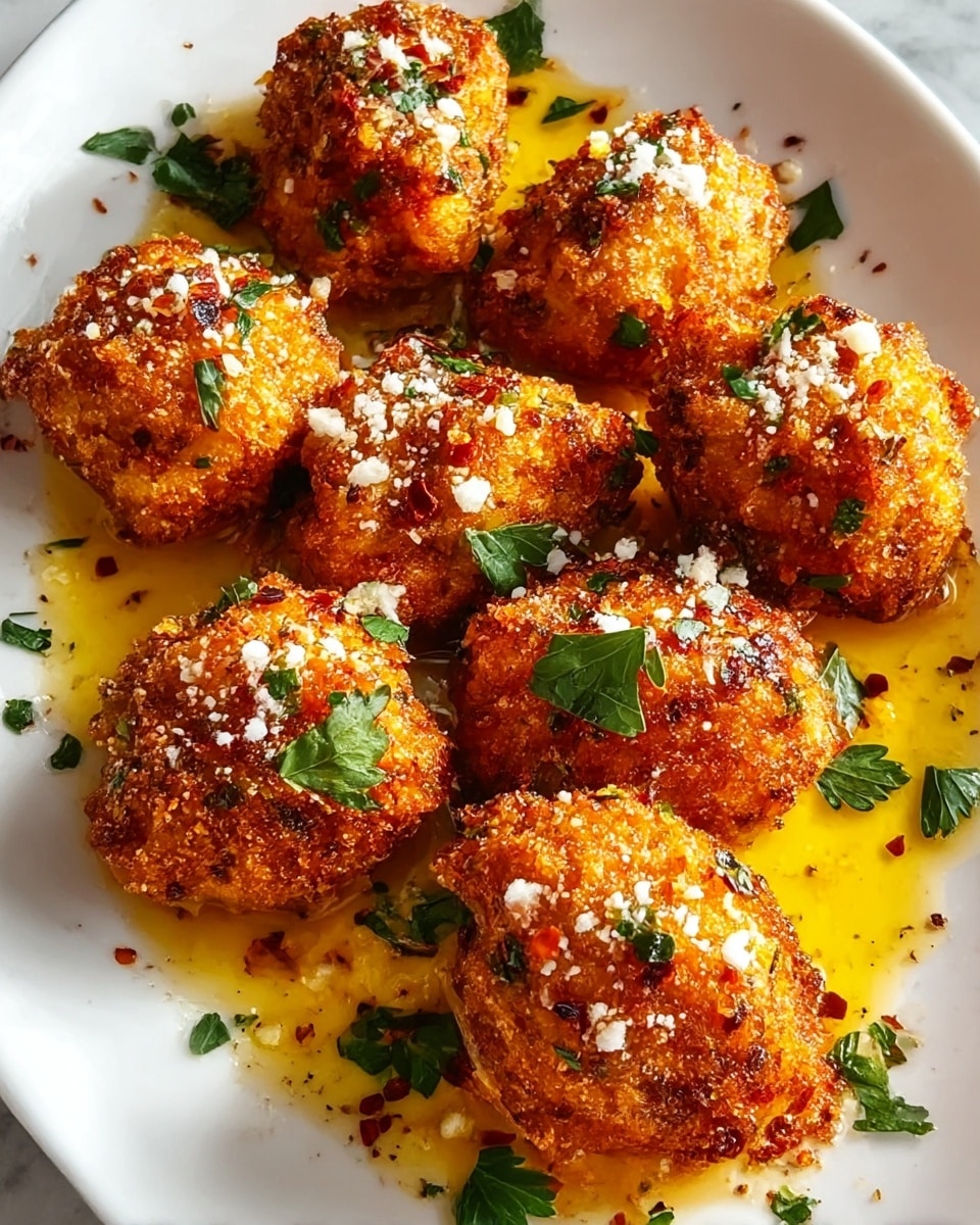 The image shows a white plate filled with seven golden-brown, crumb-coated fried pieces arranged in a loose circle. Each piece is sprinkled with small white crumbles, likely cheese, and bright green parsley leaves scattered on top and around them. The pieces have a rough, crunchy texture with visible seasoning like red chili flakes and black pepper. A glossy yellow oil sauce pools around the base of the pieces, adding shine and contrast to the crispy coating. The plate sits on a white marbled surface, enhancing the warm colors of the dish. photo taken with an iphone --ar 4:5 --v 7