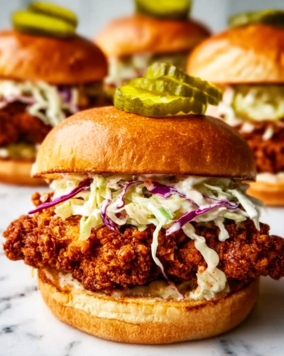 The image shows a close-up of a fried chicken sandwich with three layers of crispy golden-brown fried chicken fillets stacked inside a soft, lightly toasted white bun. On top of the chicken, there is a layer of creamy coleslaw made of shredded cabbage and carrots in a white dressing, followed by two slices of bright green pickles. The sandwich is held by a woman's hand, with two more similar sandwiches blurred in the background, all on a white marbled surface. photo taken with an iphone --ar 4:5 --v 7