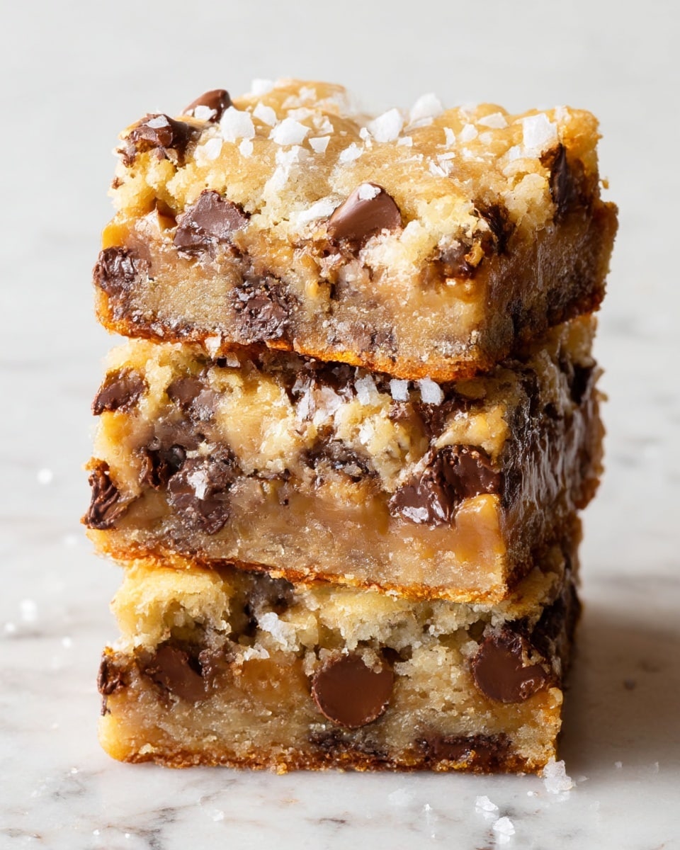 A stack of three square blondie bars with visible thick layers, each bar showing a golden brown baked crust on top with a crumbly texture, a middle layer of gooey caramel colored filling mixed with semi-melted dark brown chocolate chunks, and a slightly darker bottom crust holding the bars together; sprinkled with small white flakes on top, all placed on a white marbled surface. photo taken with an iphone --ar 4:5 --v 7