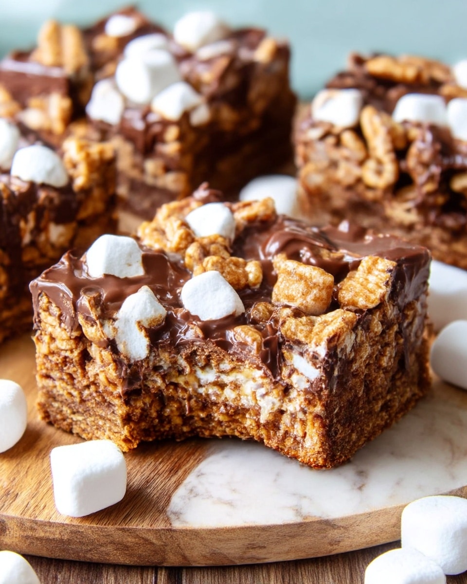 The image shows thick, square dessert bars with two main layers; the bottom layer is a light brown, crumbly base, and the top layer is covered in a shiny, melted chocolate coating mixed with chunks of light brown cereal and white marshmallows, which give a bumpy texture. One bar has a bite taken out, revealing the gooey marshmallow and crunchy cereal inside. The bars are placed closely on a wooden board, with a few white marshmallows scattered nearby on a white marbled surface. The overall look is rich and sticky with a mix of smooth and rough textures. Photo taken with an iphone --ar 4:5 --v 7