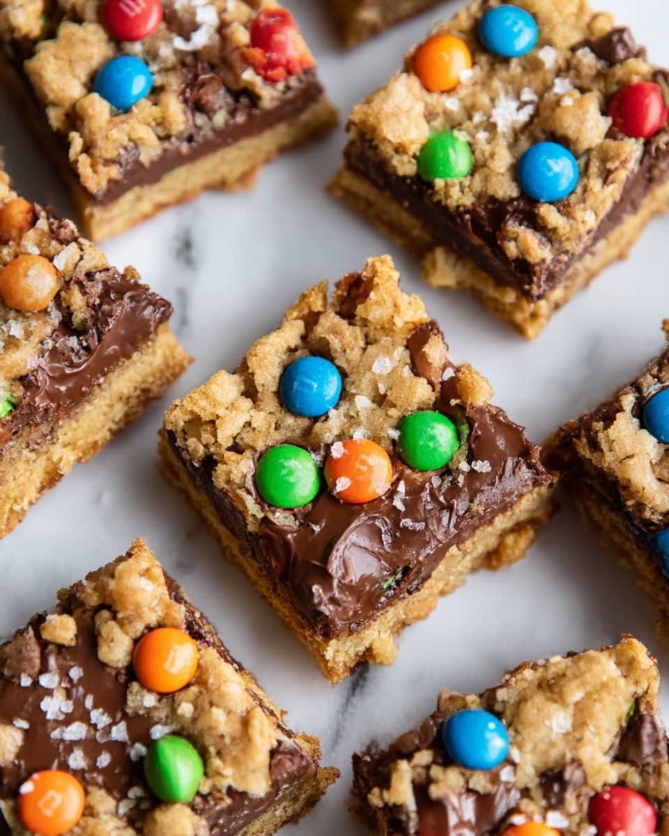 The image shows several square bars arranged closely on a white marbled surface, each bar having three visible layers: a golden, crumbly top layer with colorful candy pieces and coarse salt flakes scattered across, a middle layer thick with melted, glossy chocolate chips, and a bottom layer which looks dense and chewy with a light brown color. The candy pieces on top are bright with colors like green, red, blue, yellow, and orange, adding a playful look, while the chocolate in the middle glistens, indicating richness and gooey texture. Photo taken with an iphone --ar 4:5 --v 7