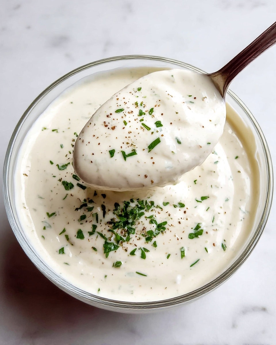 A clear bowl filled with a thick, creamy white sauce with a smooth, slightly textured surface, sprinkled evenly with small green herb pieces and fine black pepper on top. A spoon dipped into the sauce lifts a rounded, full scoop, showing the sauce's thick and rich consistency. The bowl sits on a white marbled textured surface. photo taken with an iphone --ar 4:5 --v 7