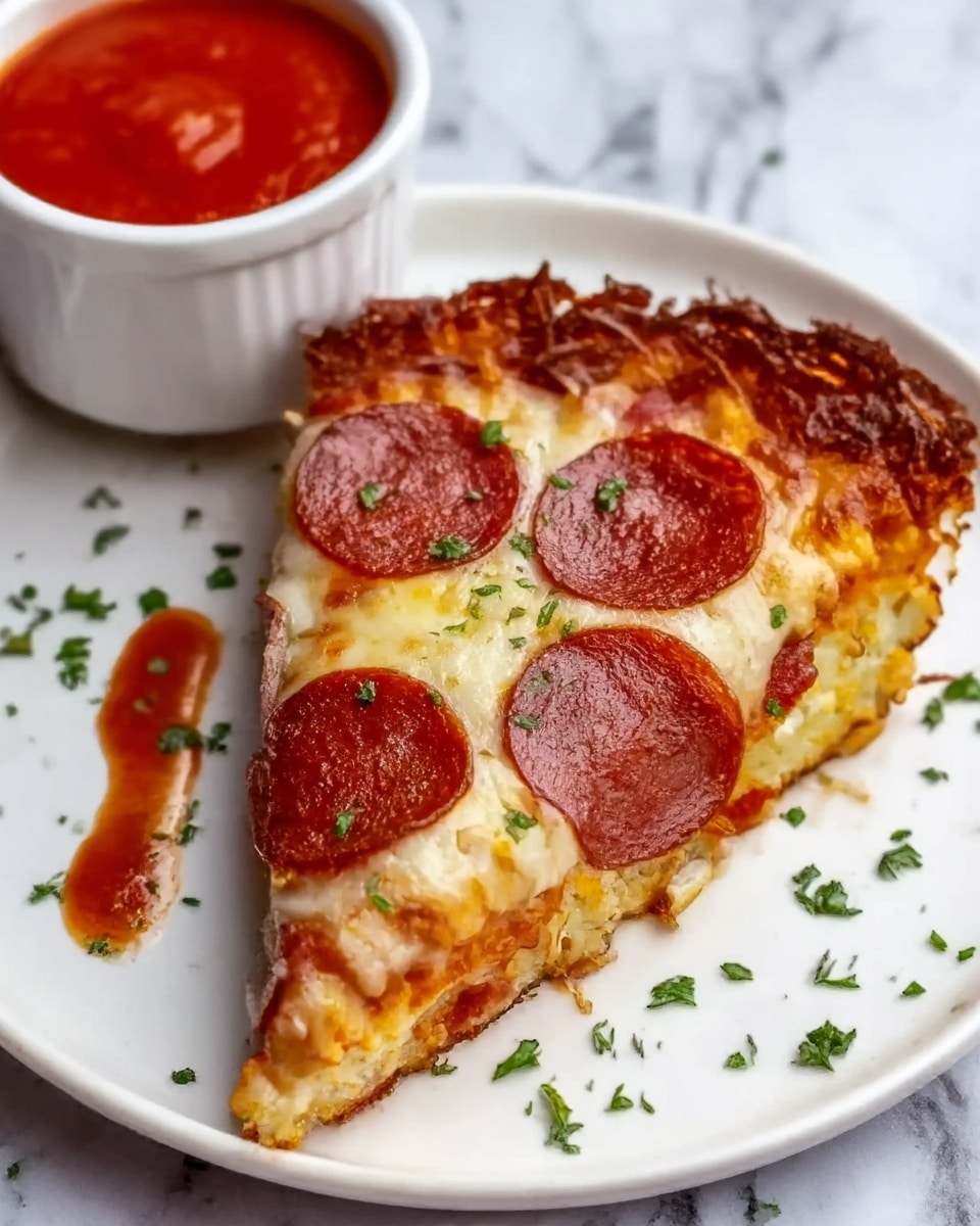 A slice of pizza is shown on a white plate, placed on a white marbled surface. The slice has three layers: a golden-brown crust at the bottom, topped with melted white cheese mixed with light brown spots from baking, and scattered with bright red pepperoni slices on top. Small bits of green herbs are sprinkled around the slice and on the plate, adding a touch of color. In the background, a white bowl filled with rich, chunky red tomato sauce is visible, slightly blurred. Photo taken with an iphone --ar 4:5 --v 7