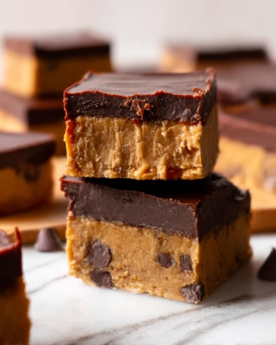 The image shows thick, square chocolate chip cookie bars stacked on a white marbled surface. Each bar has three visible layers: the bottom layer is a dense, golden-brown cookie dough with scattered dark chocolate chips, the middle layer is a smooth, light caramel-colored filling, and the top layer is a glossy, dark chocolate coating. One bar is placed on top of another, cut to show the inside layers clearly. In the background, more bars are slightly blurred, creating depth. The overall look is rich and inviting with warm brown and caramel tones. photo taken with an iphone --ar 4:5 --v 7