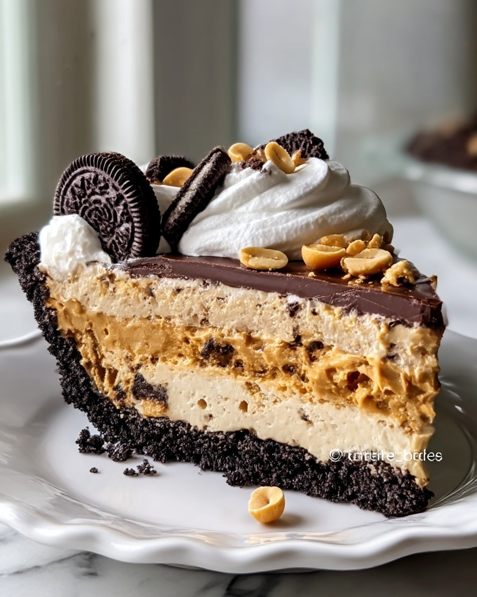A close-up slice of a multi-layered pie sits on a white plate with a slightly raised edge, placed on a white marbled surface. The pie has five distinct layers: a dark, crumbly chocolate cookie crust at the bottom; above it, a creamy, light brown peanut butter filling mixed with crushed cookies; topped by a smooth, shiny, thick layer of rich chocolate; then a thick, smooth peanut butter layer; and finally a white whipped cream layer with whole and halved chocolate sandwich cookies and scattered peanuts on top. The edge of the crust is thick and dark, slightly crumbly, with crumbs fallen on the plate. The background is softly blurred, showing a light window. Photo taken with an iphone --ar 4:5 --v 7