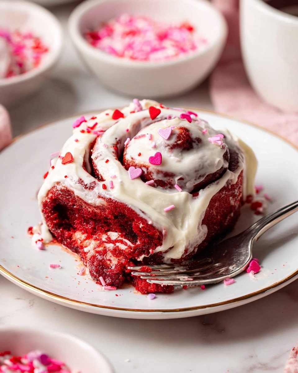 A thick red cinnamon roll sits on a white plate with a thin gold rim, showing about four visible spiral layers of soft, moist dough in deep red color. It is covered with a layer of creamy white icing unevenly spread over the top and edges, with small pink and red heart-shaped and round sprinkles scattered on the icing. The plate rests on a white marbled surface, with a fork slightly inserted into the side of the roll. Around the main subject, blurry bowls filled with more sprinkles can be seen, matching the color palette. photo taken with an iphone --ar 4:5 --v 7