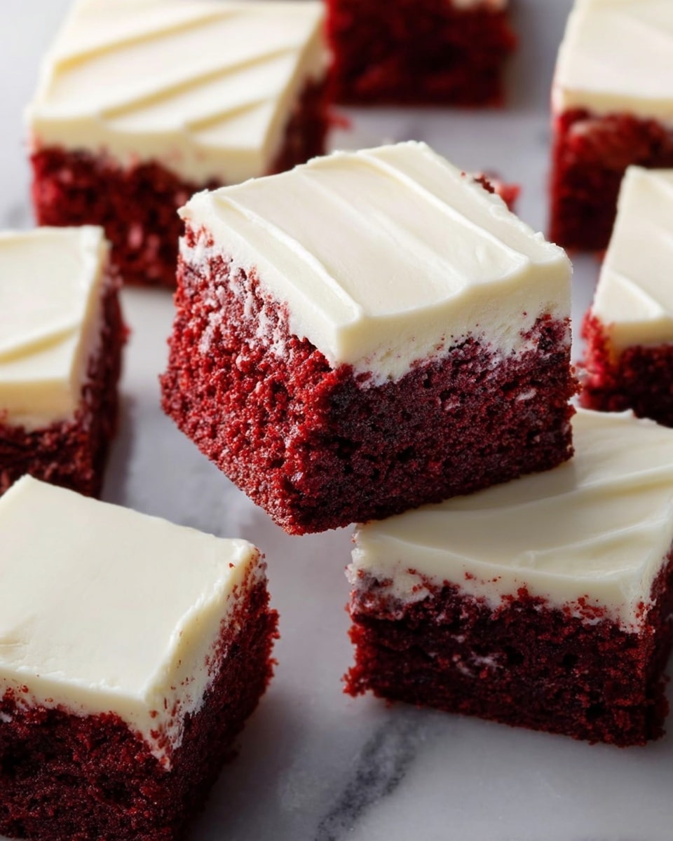 The image shows several square pieces of red velvet cake with a thick layer of smooth white cream cheese frosting on top. Each piece has two visible layers: the bottom layer is deep red with a moist, slightly crumbly texture, and the top layer is creamy white with a soft, even spread displaying subtle ridges. The cakes are arranged on a white marbled surface, and the close-up angle highlights the rich color contrast and texture details of the frosting and cake. photo taken with an iphone --ar 4:5 --v 7