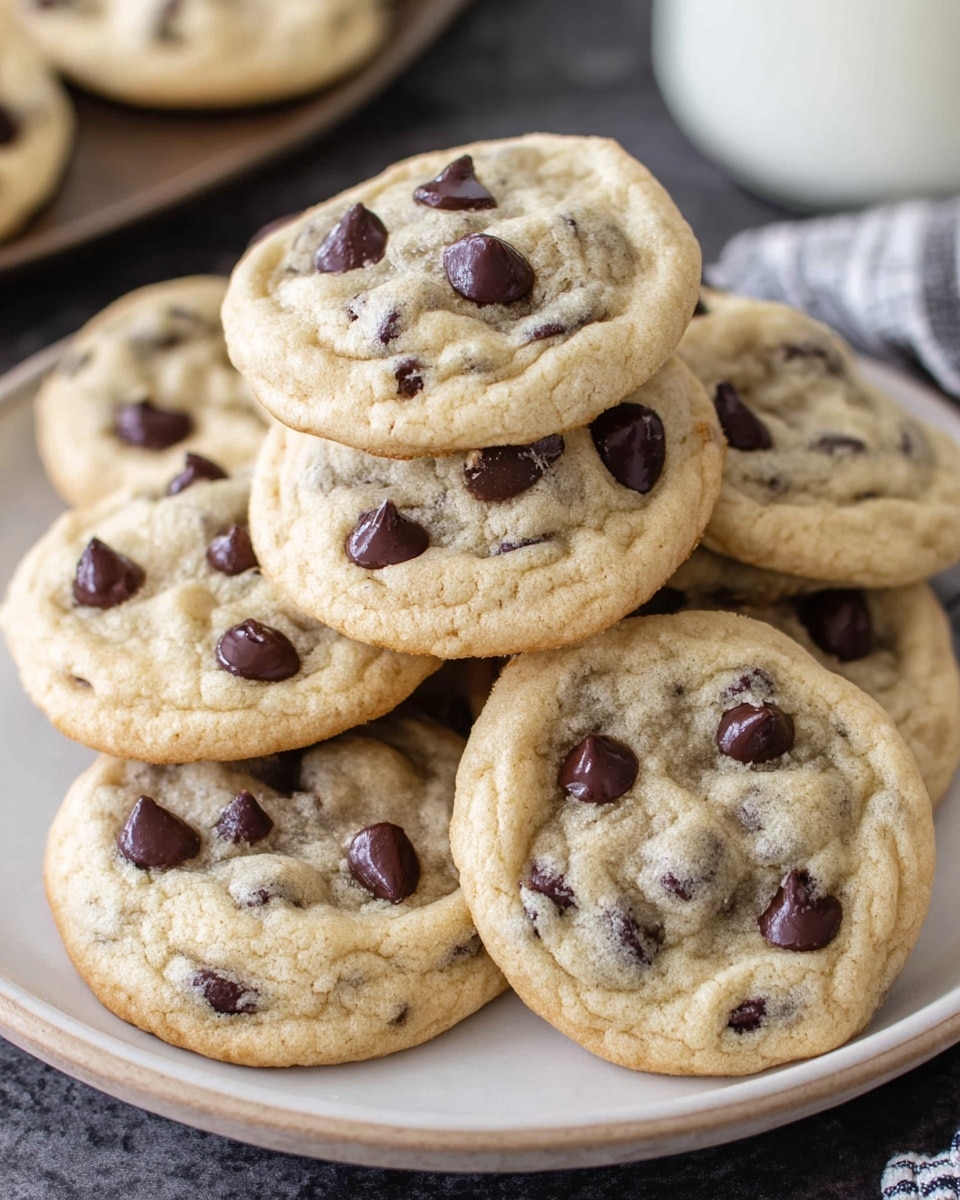 A stack of soft, round chocolate chip cookies piled in a small mound on a white plate. Each cookie has a light golden-brown color with a slightly cracked surface showing gooey texture inside. Dark chocolate chips are embedded throughout the light dough, with some chips visible on the tops, adding a rich contrast. The cookies have a gentle rise and soft edges. The scene is set on a white marbled textured surface. photo taken with an iphone --ar 4:5 --v 7