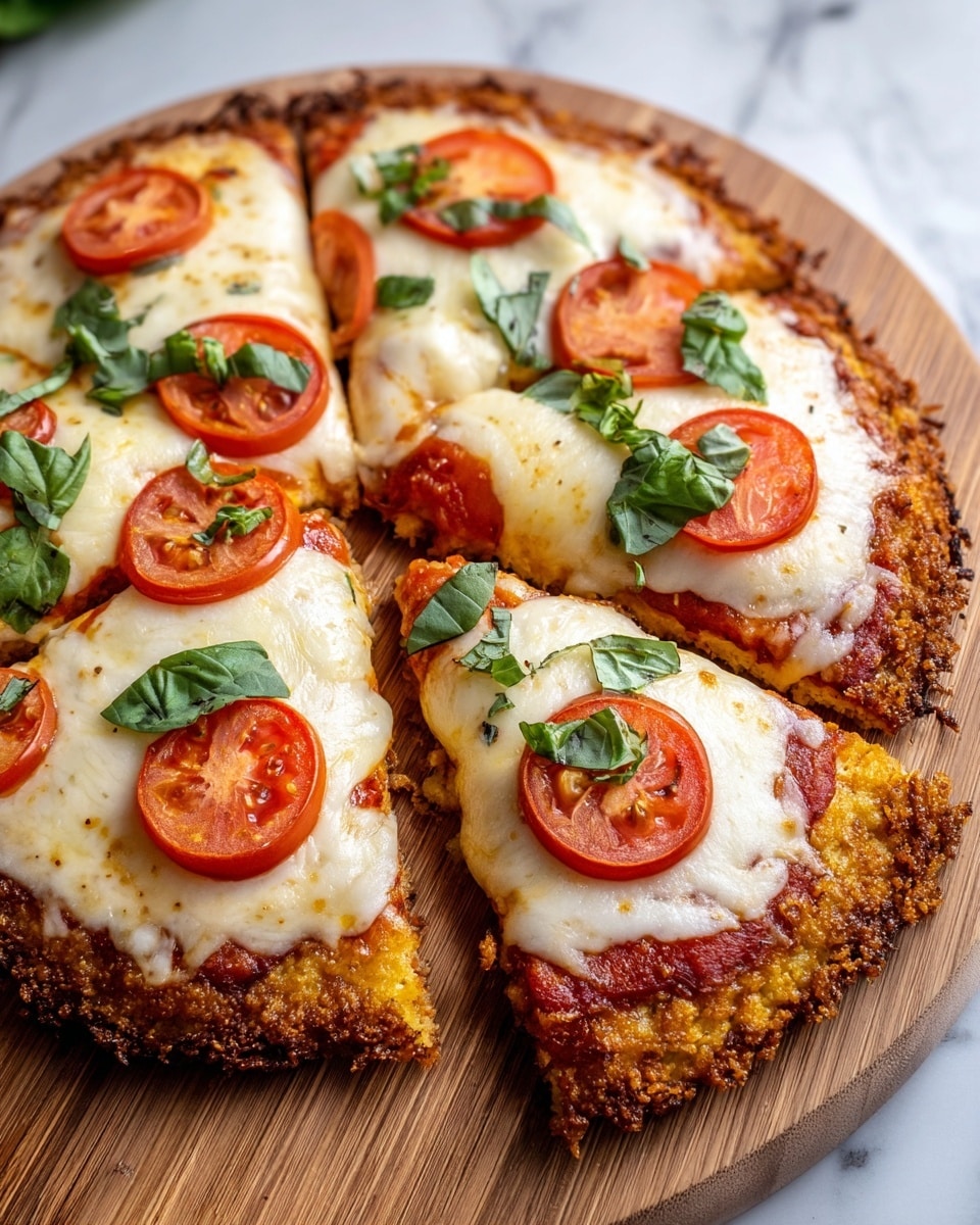 A round pizza cut into six slices sits on a wooden board placed on a white marbled surface. The pizza has three main layers: a golden-brown crispy crust made of crumbly texture at the bottom, a layer of red tomato sauce visible slightly under the cheese, and a thick layer of melted white mozzarella cheese with browned spots on top. Each slice is topped with slices of fresh red tomato and fresh green basil leaves scattered unevenly over the cheese. The edges are slightly crunchy with a textured appearance, and some seasoning is sprinkled, adding a textured contrast to the smooth cheese. photo taken with an iphone --ar 4:5 --v 7