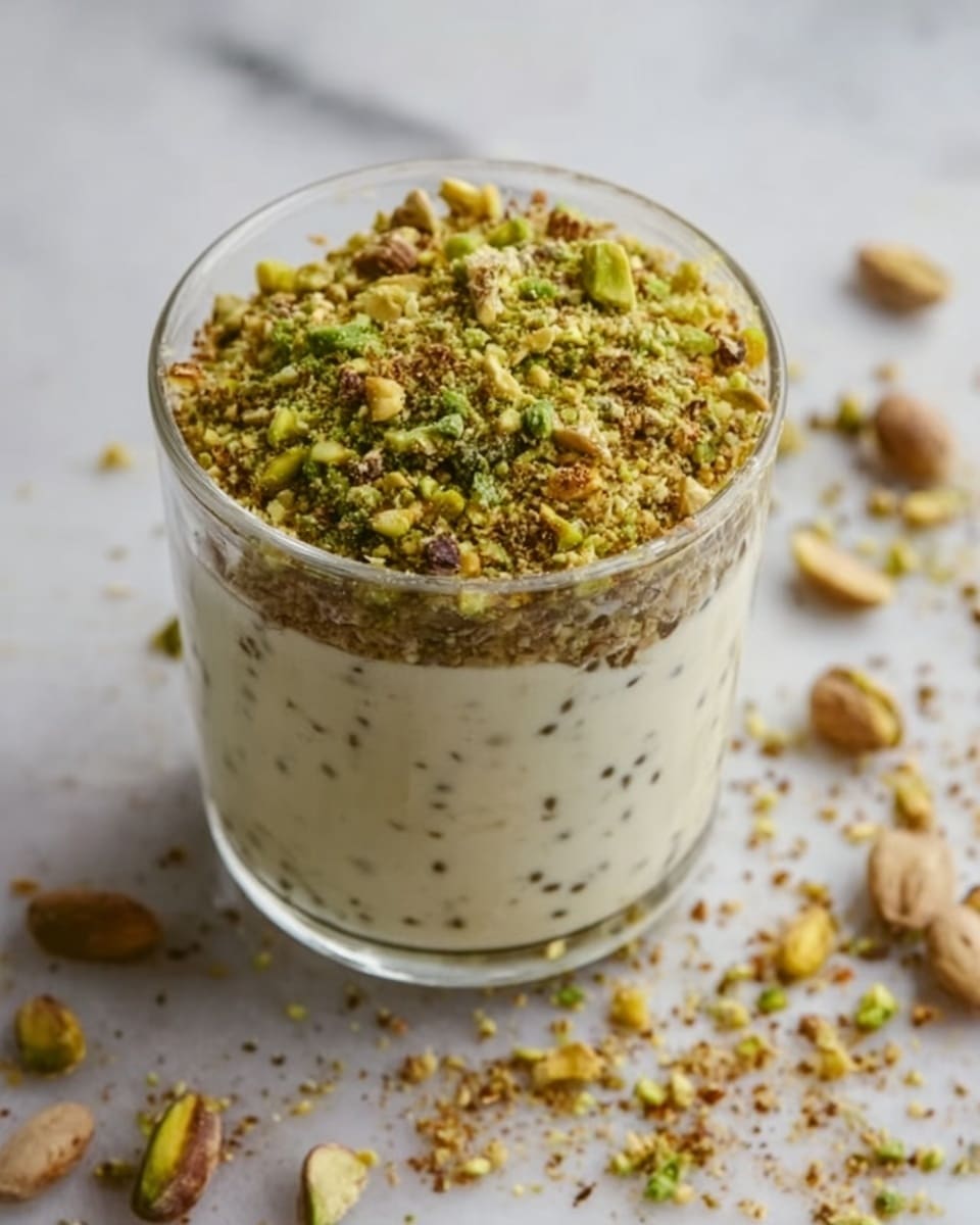 A clear glass filled with three visible layers of creamy white chia pudding speckled with small black chia seeds. The top layer is thick and covered with a generous amount of crushed green and brown pistachio nuts, with some pieces scattered around the base of the glass on a white marbled surface. The glass is simple and round, showing the pudding's texture clearly. Photo taken with an iphone --ar 4:5 --v 7