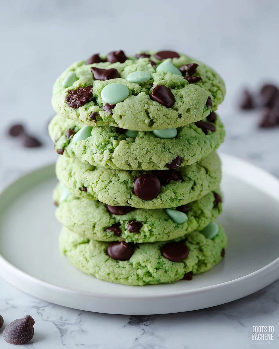 A stack of six thick, soft-looking bright green cookies is placed in the center of a white plate. Each cookie has a rough texture with visible cracks and is studded with dark brown and pale green chocolate chips spread unevenly across their surface. Some chocolate chips are flat while others are slightly melting. The plate rests on a white marbled textured surface, and a few scattered chocolate chips blur softly in the background. photo taken with an iphone --ar 4:5 --v 7