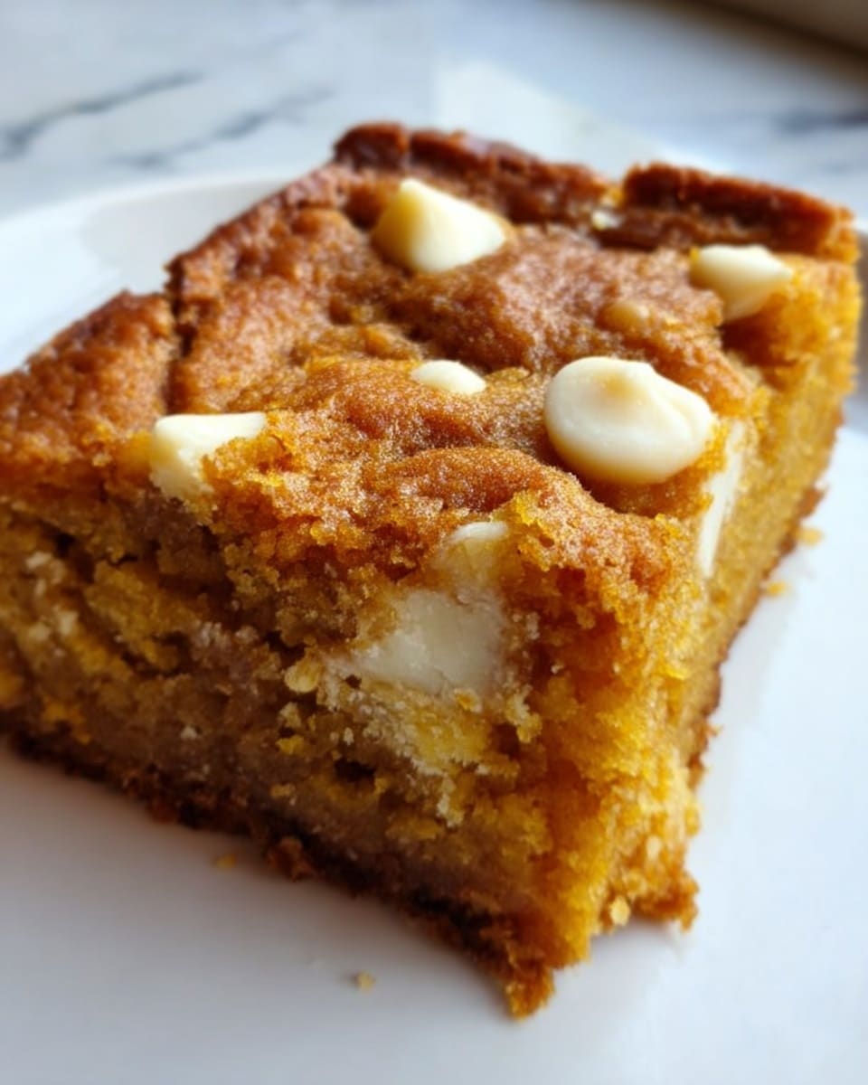 A close-up of a square piece of golden brown cake with a moist texture and visible white chocolate chips on top and inside. The cake sits on a white plate with a white marbled surface in the background. The edges are slightly browned, showing it is freshly baked and soft inside. Photo taken with an iphone --ar 4:5 --v 7
