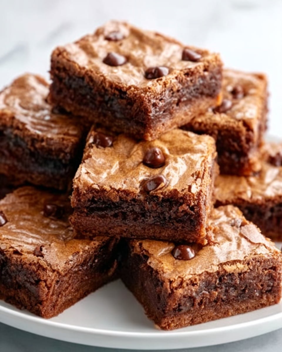 The image shows seven square chocolate chip brownies stacked in a pile on a white plate. Each brownie has a shiny, cracked top layer with a golden brown color and visible chocolate chips embedded on the surface. The brownie edges look slightly crisp while the inside appears soft and dense with a rich chocolate brown shade. The plate sits on a white marbled texture surface. photo taken with an iphone --ar 4:5 --v 7