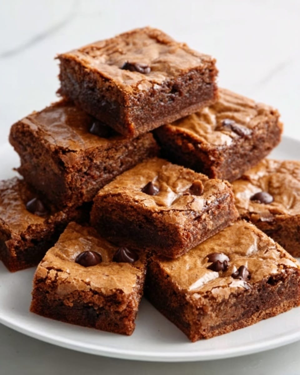 The image shows a white plate with seven square pieces of golden brown brownies stacked neatly. Each brownie piece has a slightly cracked top surface with a shiny, slightly chewy texture and is dotted with dark chocolate chips, some melted slightly into the batter. The edges of the brownies are darker and look a bit crispier than the softer middle. The white plate sits on a white marbled surface. photo taken with an iphone --ar 4:5 --v 7