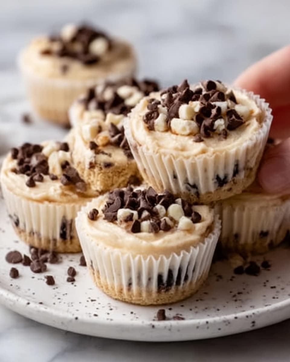 The image shows small cupcake-like desserts in white paper liners sitting on a white plate with small dark spots. Each dessert has two distinct layers: a light beige base with small dark chocolate chips mixed throughout, and a smoother, lighter cream layer on top. The top cream layer is decorated with scattered dark chocolate chips and bits of white chocolate, giving a textured look. A woman's hand is seen holding one of the desserts gently. The background is a white marbled surface. Photo taken with an iphone --ar 4:5 --v 7