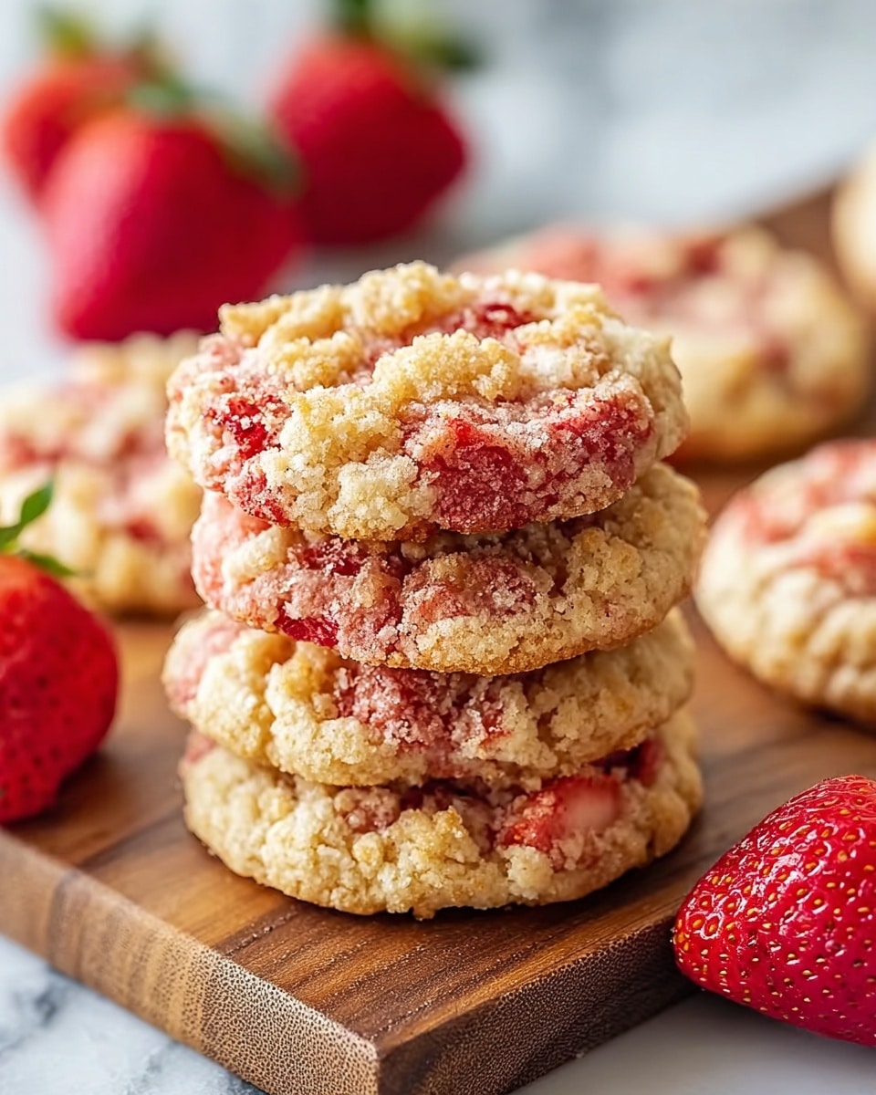 A close-up of five round cookies stacked closely on a wooden board over a white marbled surface, each cookie showing three visible layers: a golden crumbly base with a cracked texture, a middle layer bursting with soft, pink strawberry bits that appear slightly melted, and a top layer sprinkled with light golden crunchy crumbs; fresh red strawberries with green tops are blurred in the background. Photo taken with an iphone --ar 4:5 --v 7
