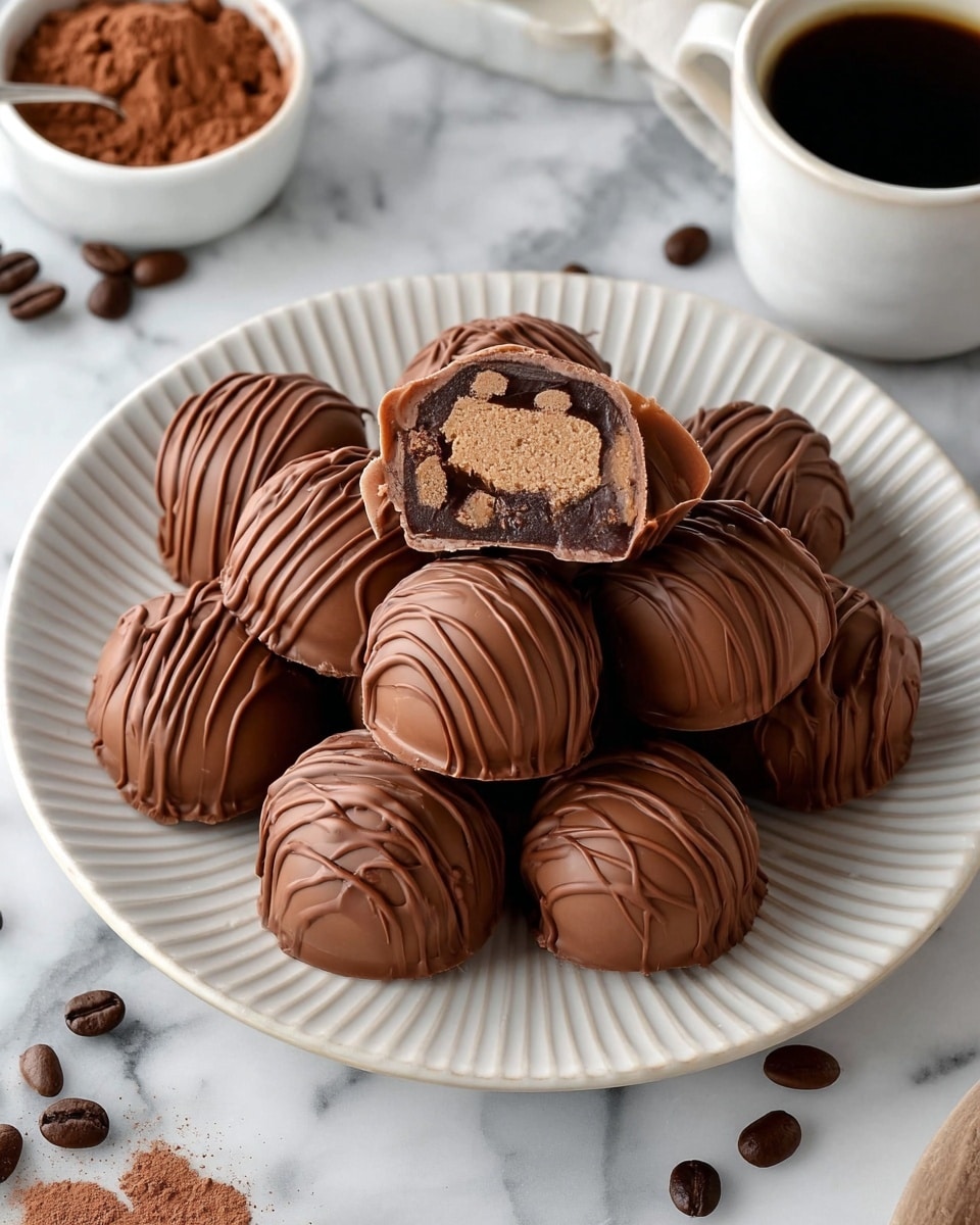 A white plate with a ridged rim holds about fifteen smooth, shiny milk chocolate truffles, each decorated with thin, darker drizzled lines on top; one truffle is cut in half and placed on top of the pile, revealing three layers inside: a light brown creamy base, a middle dark brown chocolate layer with small chunks, and a thin outer shell matching the milk chocolate coating; scattered around the plate are a few coffee beans, and the scene is set on a white marbled surface with a small white bowl of cocoa powder and a white cup of black coffee partly visible around the edges. photo taken with an iphone --ar 4:5 --v 7