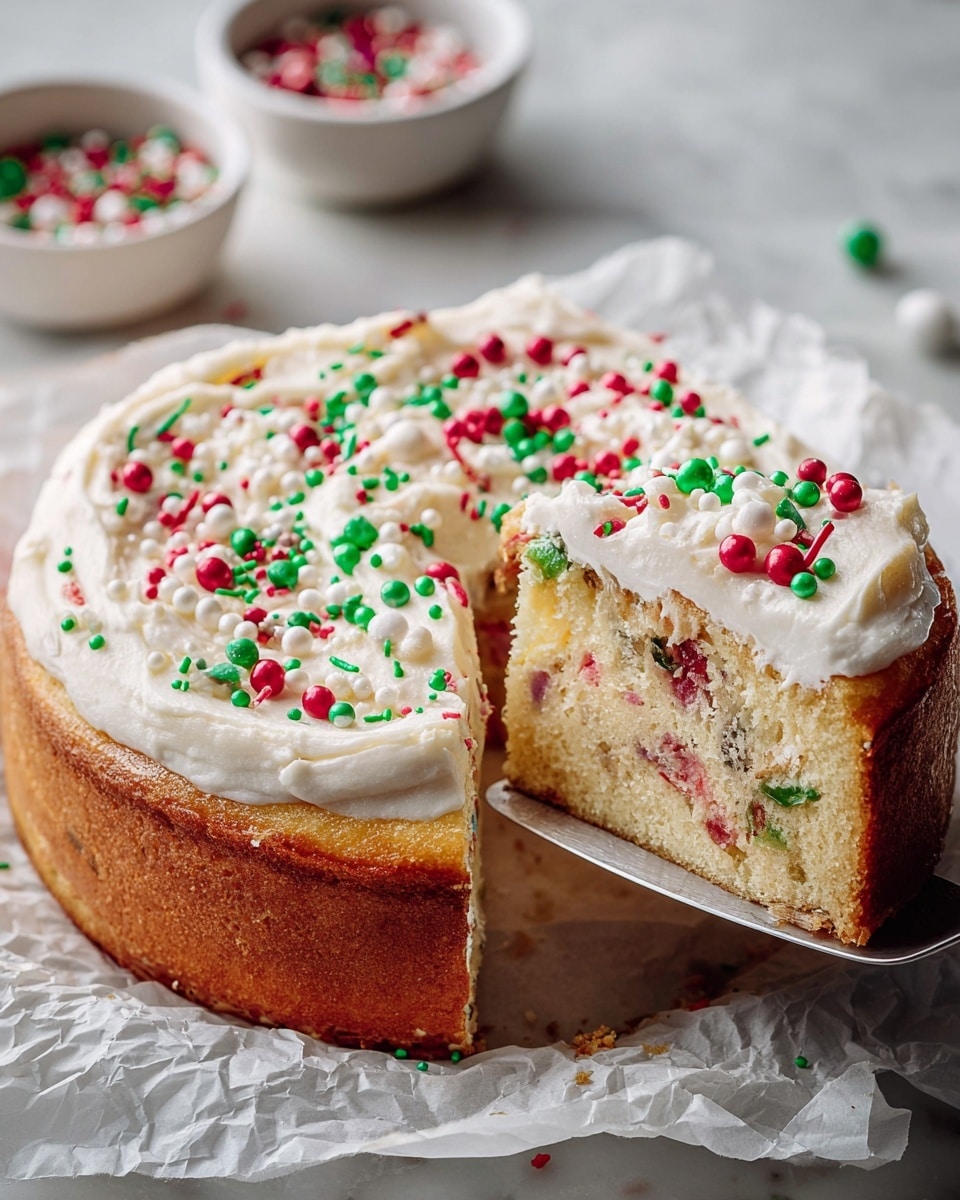 A round cake sits on crumpled white parchment paper on a white marbled surface. The cake has one thick golden-brown layer with bits of colorful fruit embedded inside the light cream-colored sponge. On top is a thick, fluffy white frosting evenly spread, decorated with red, green, white, and light pink round sprinkles scattered all over. One slice is cut and being lifted by a metal spatula, showing the cake's soft texture and the sprinkles both inside the cake and on top. In the blurred background, two small white bowls with similar colorful sprinkles add to the festive look. photo taken with an iphone --ar 4:5 --v 7